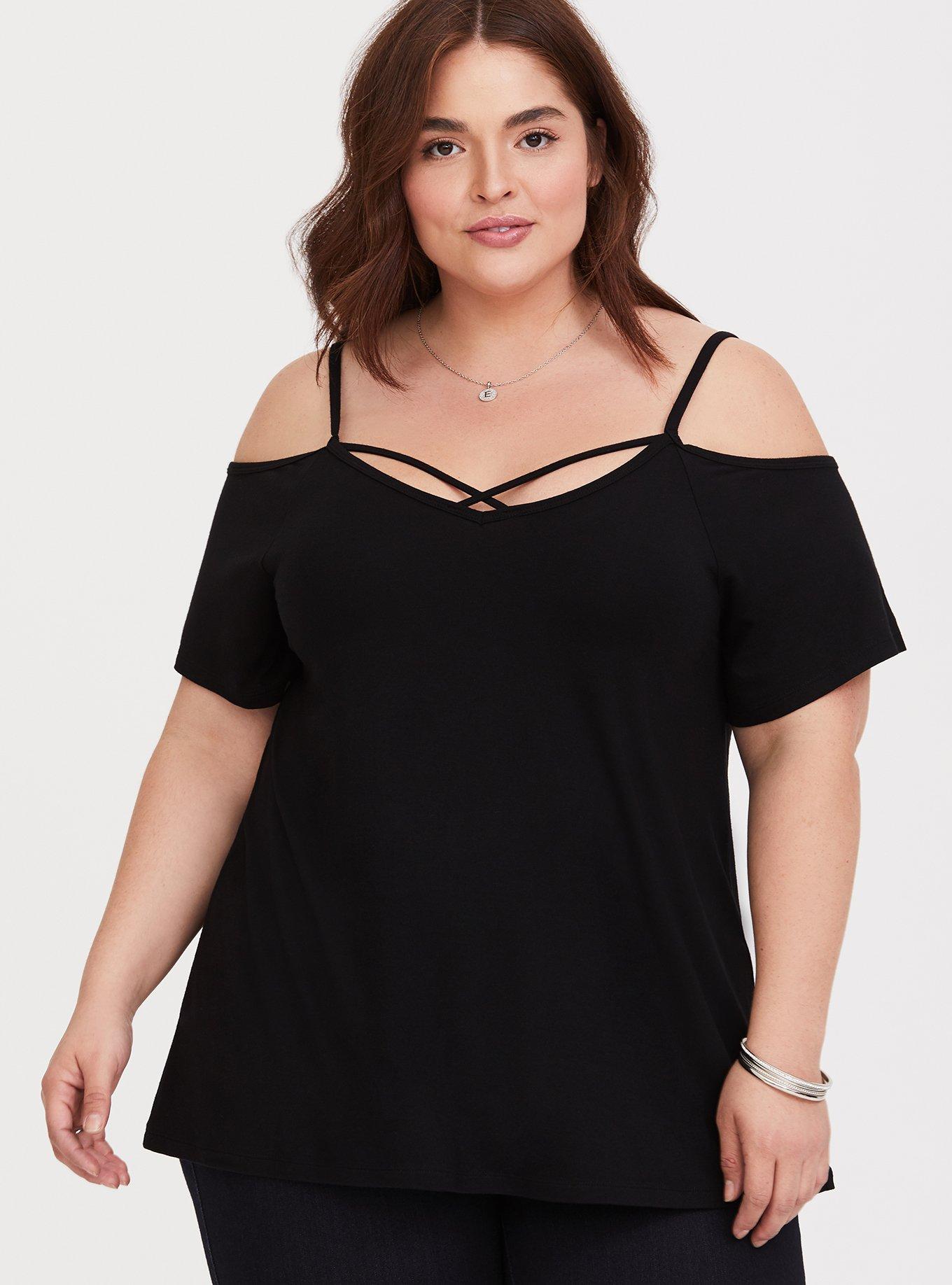 Super Soft Black Cold Shoulder Tee, DEEP BLACK, hi-res