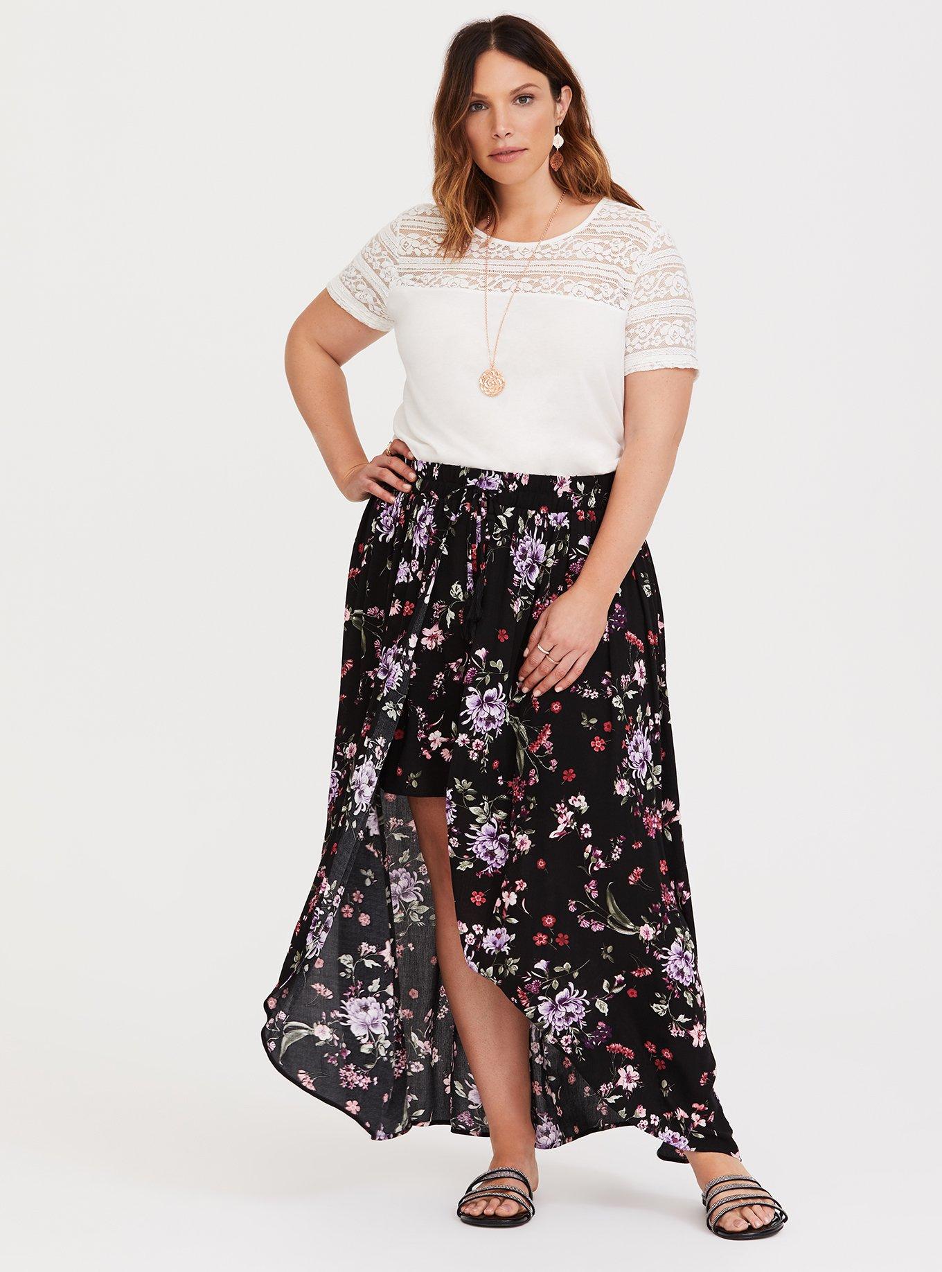 Plus Size - Black Floral Gauze Overskirt Short - Torrid