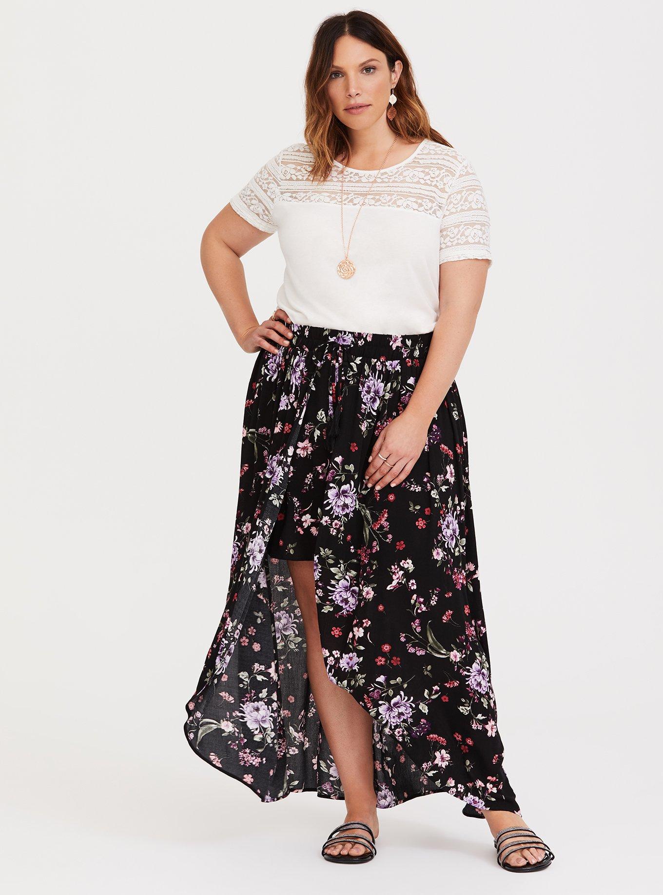 Black Floral Gauze Overskirt Short, APRIL FLORAL, hi-res