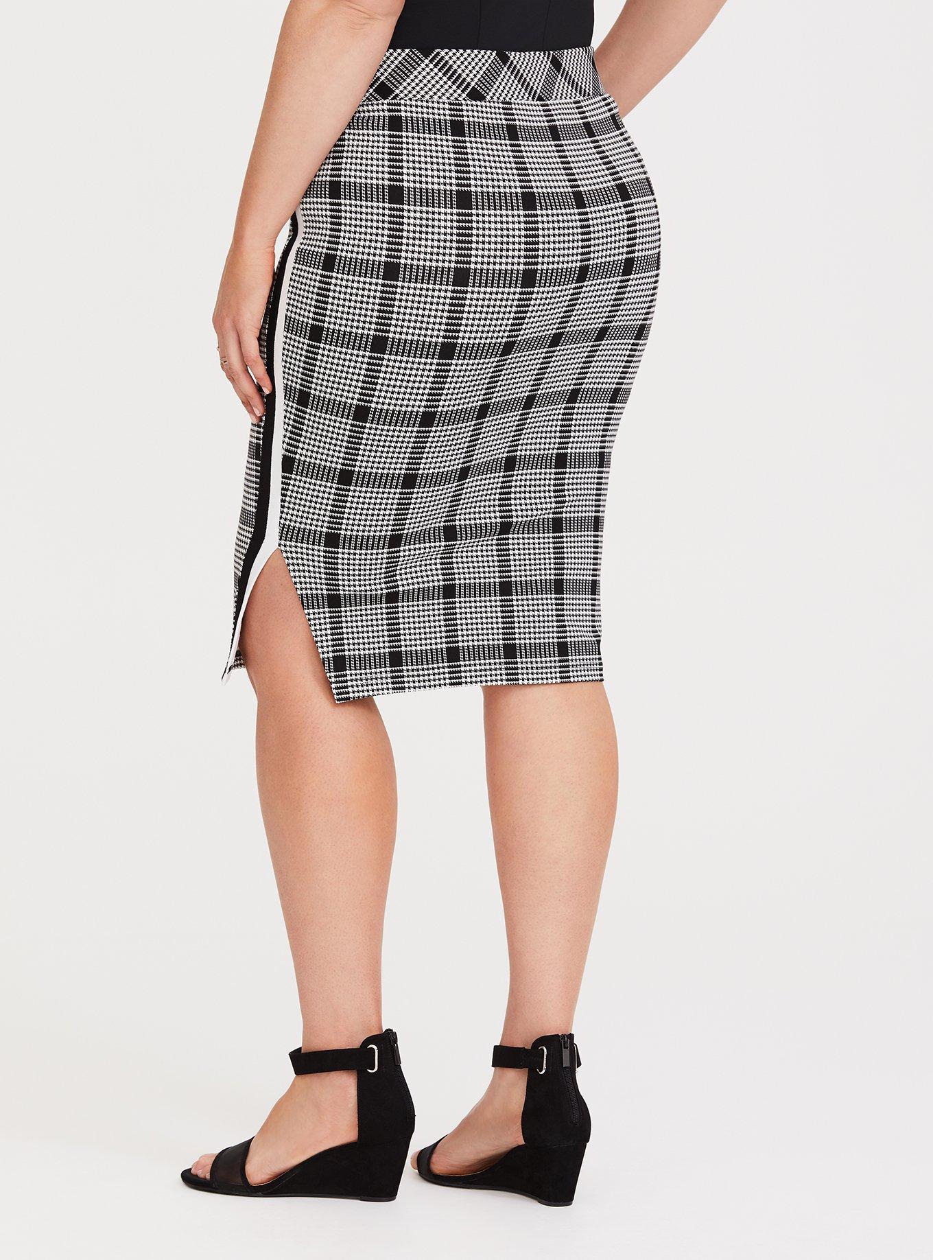 Black Plaid Premium Ponte Pencil Skirt, PLAID, alternate