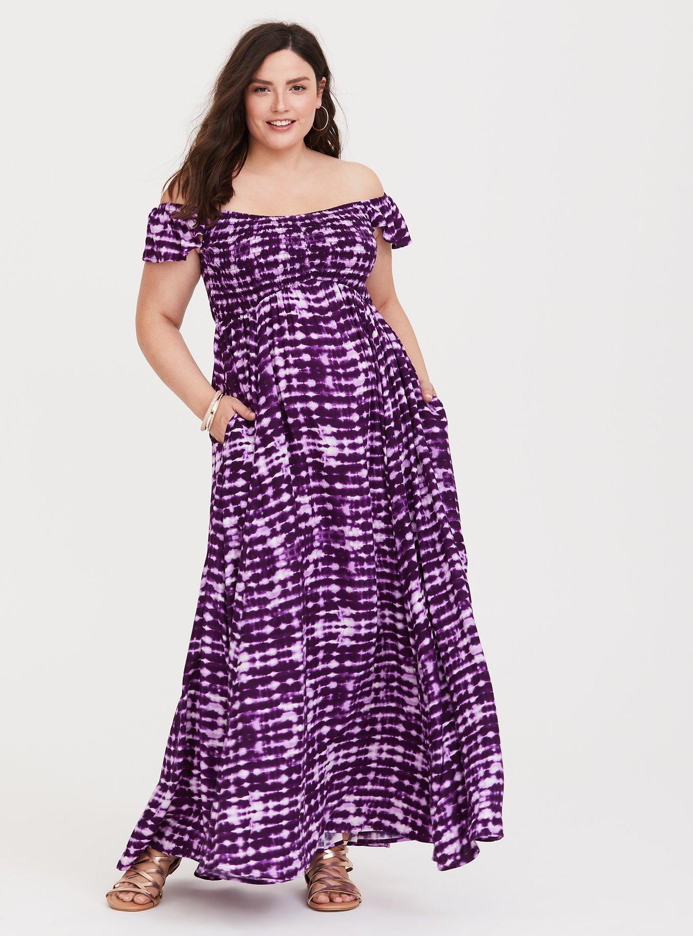 Purple Tie-Dye Challis Maxi Dress, STRIPED TIE DYE, hi-res