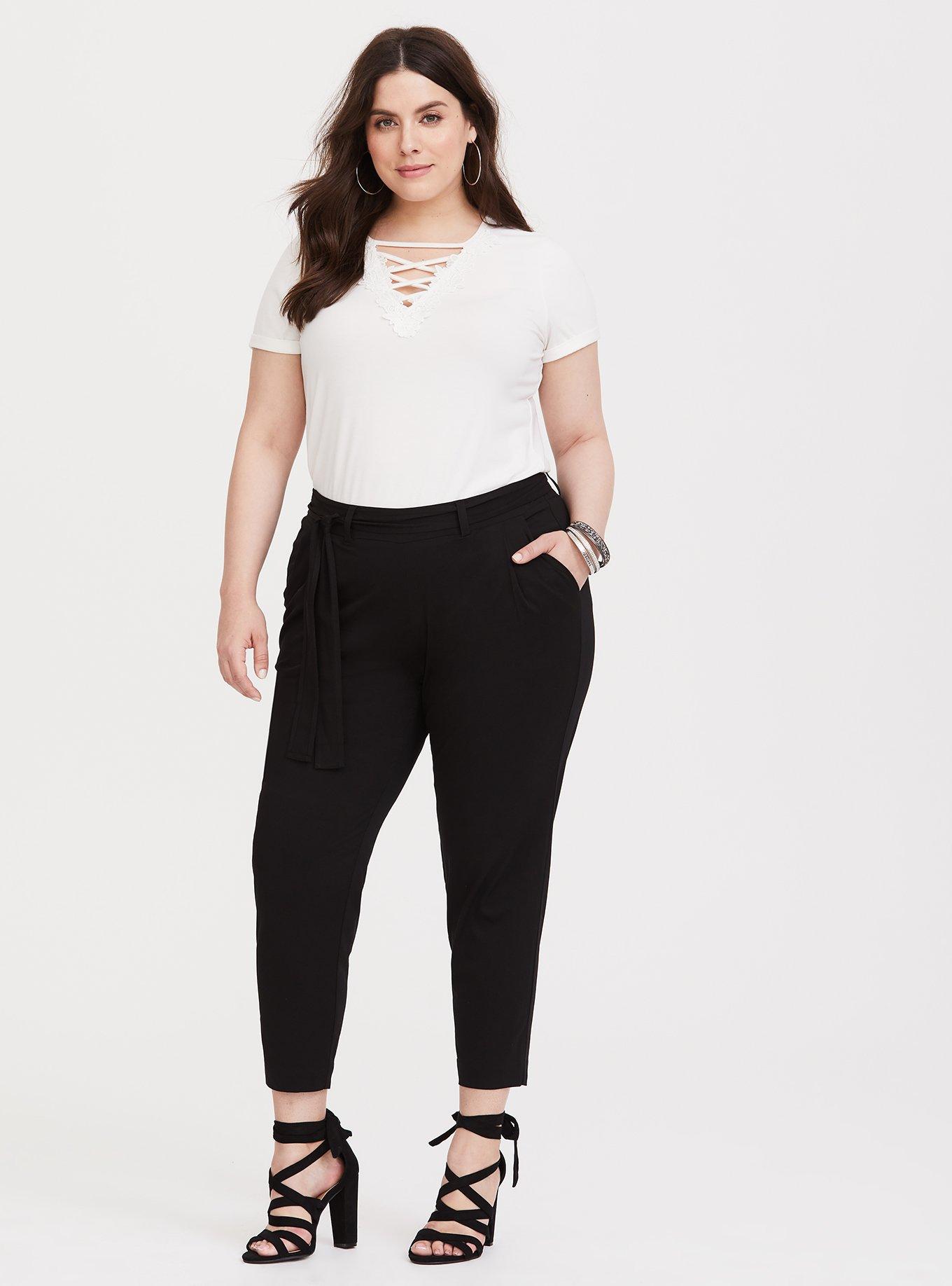 Pull-On Taper Stretch Challis High-Rise Tie-Front Pant, DEEP BLACK, alternate