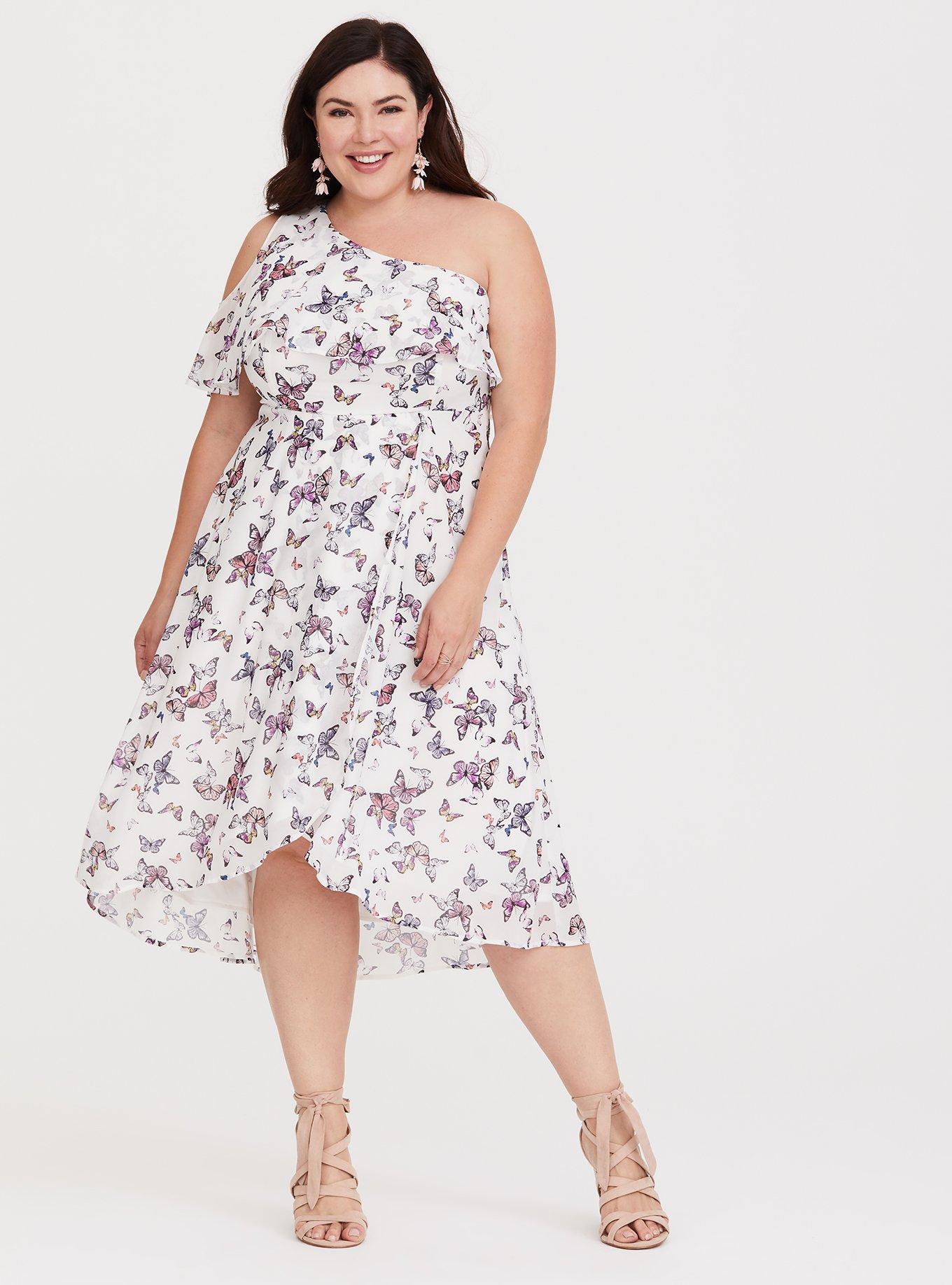 Plus Size White Butterfly One-Shoulder Chiffon Dress Torrid