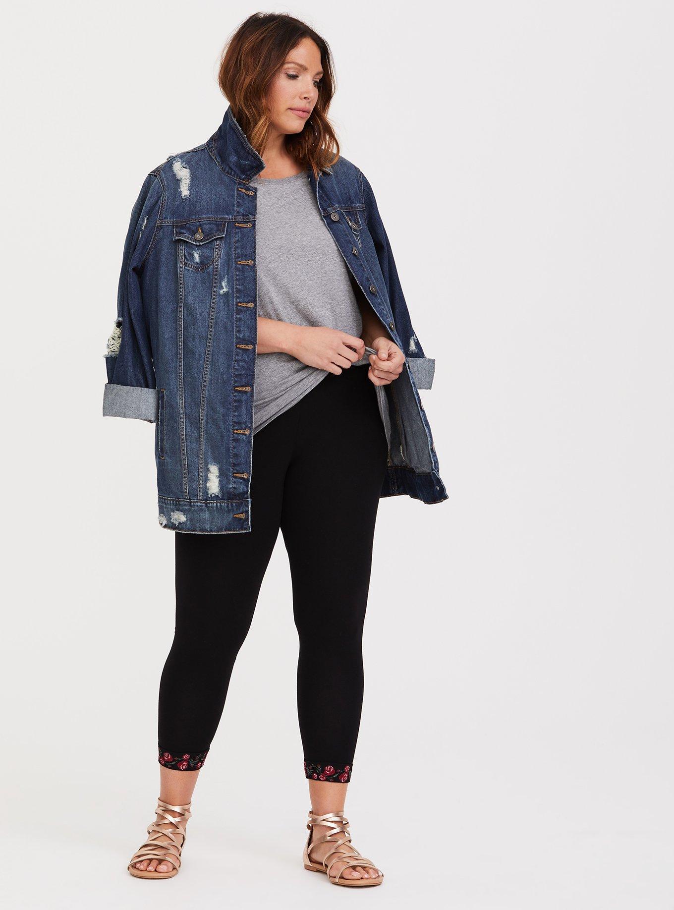 Plus Size Black Floral Embroidered Crop Legging, BLACK, alternate