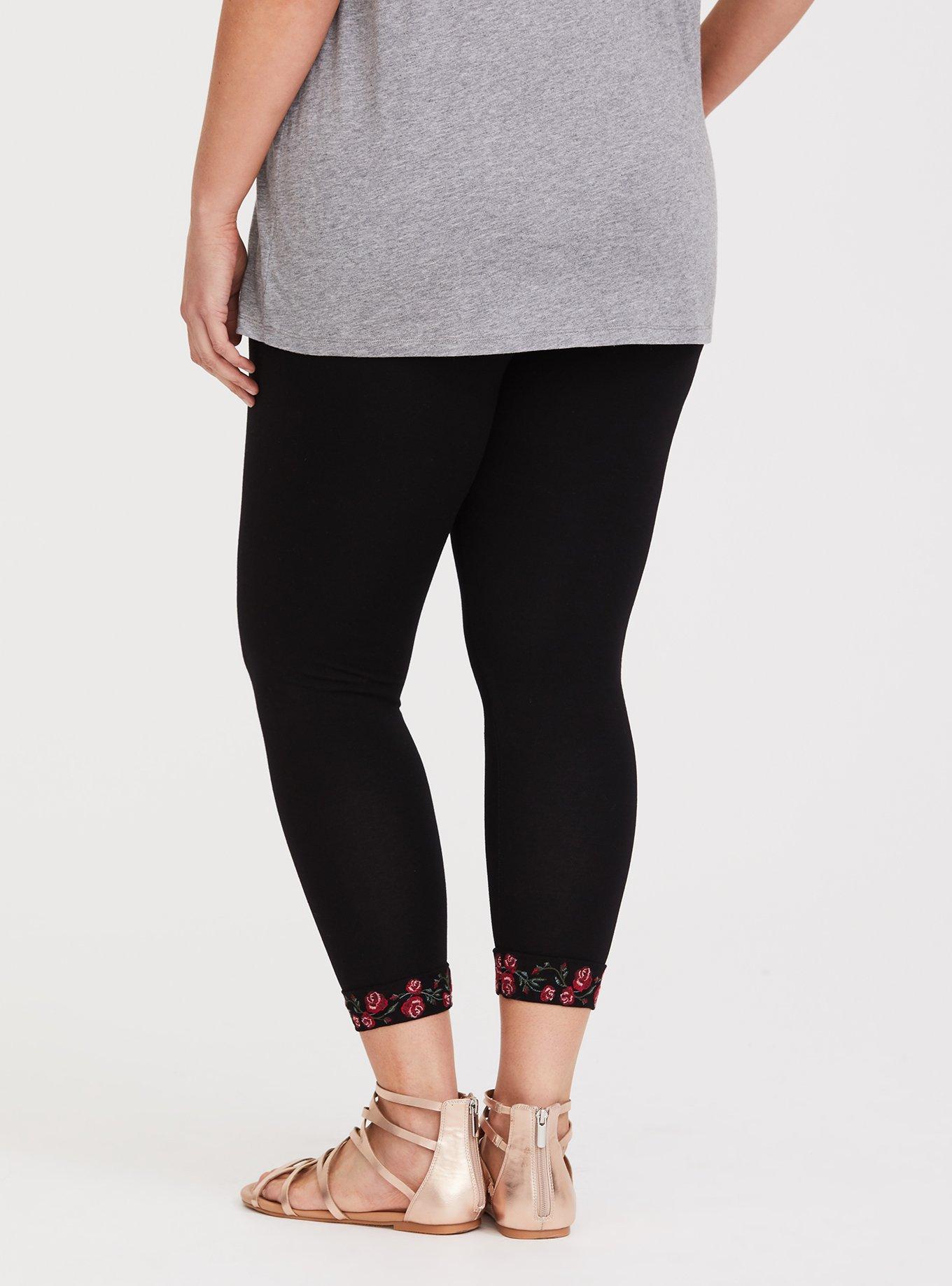 Plus Size Black Floral Embroidered Crop Legging, BLACK, alternate