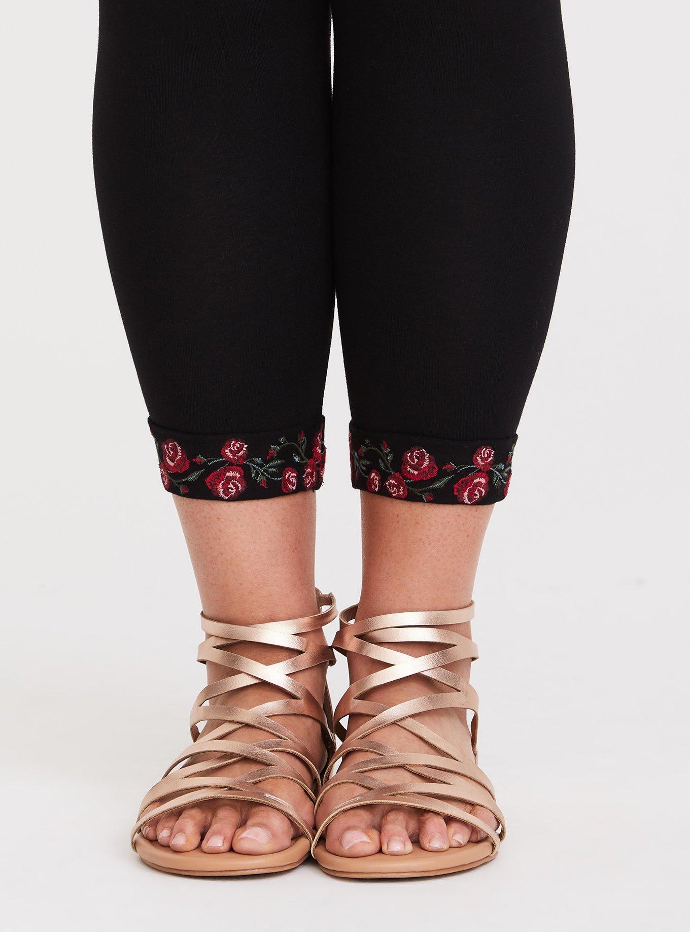 Plus Size Black Floral Embroidered Crop Legging, BLACK, alternate