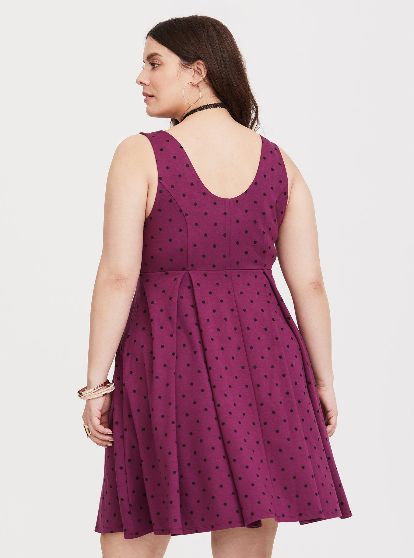 Plus Size Burgundy Dot Pleated Ponte Skater Dress, DOT PRINT, alternate