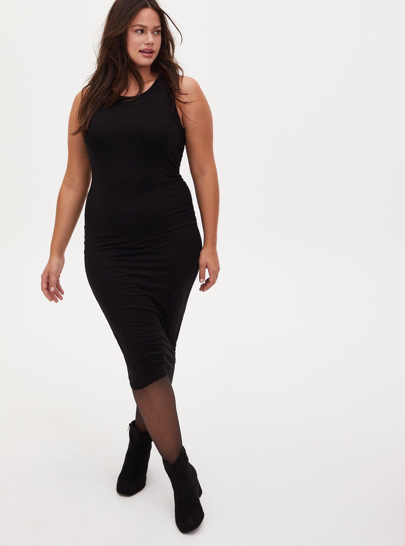 Plus Size Black Jersey Midi Bodycon Dress, DEEP BLACK, alternate