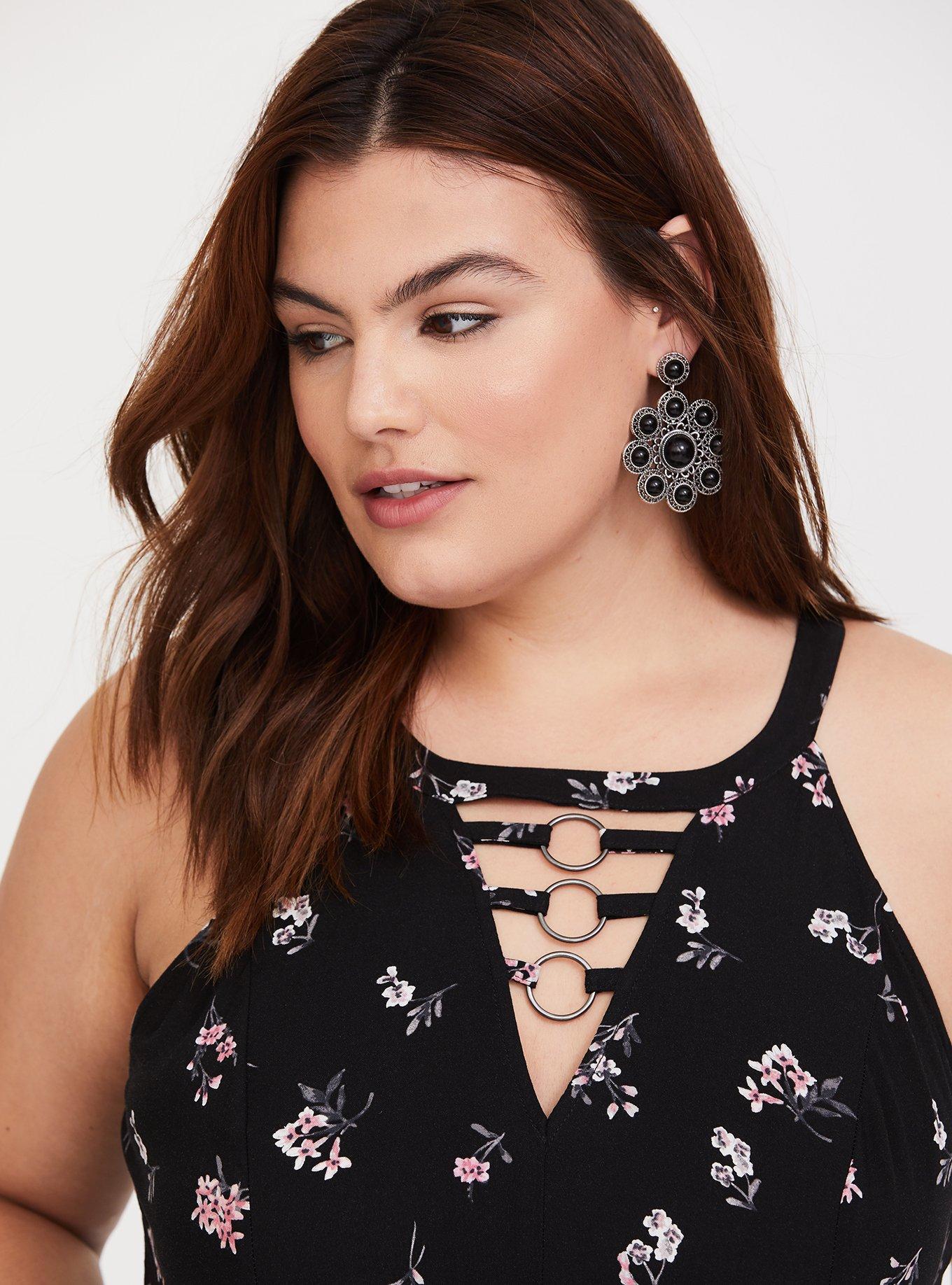Plus Size Black Floral O-Ring Challis Midi dress, DAINTY DITSY, alternate