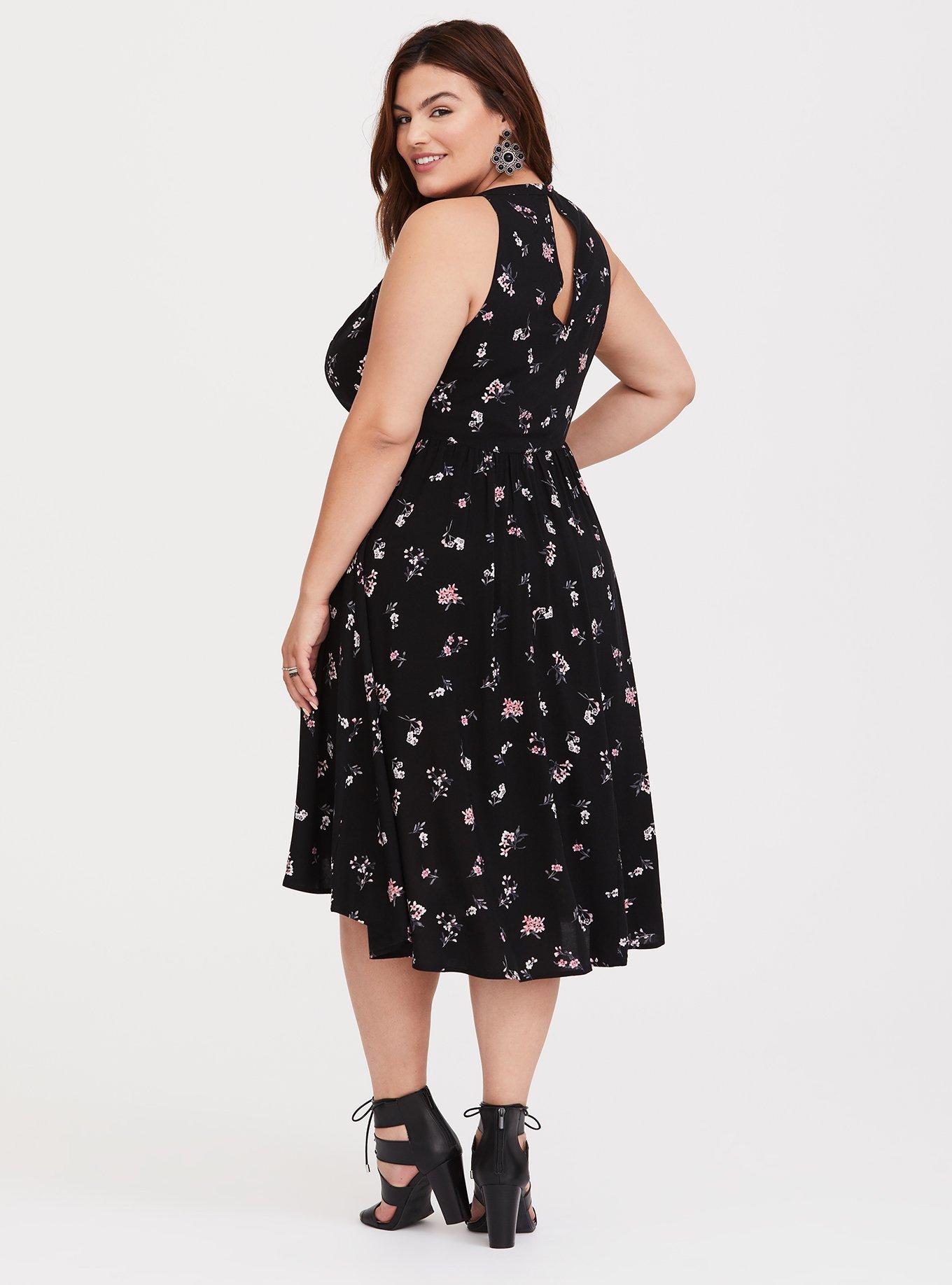 Plus Size Black Floral O-Ring Challis Midi dress, DAINTY DITSY, alternate