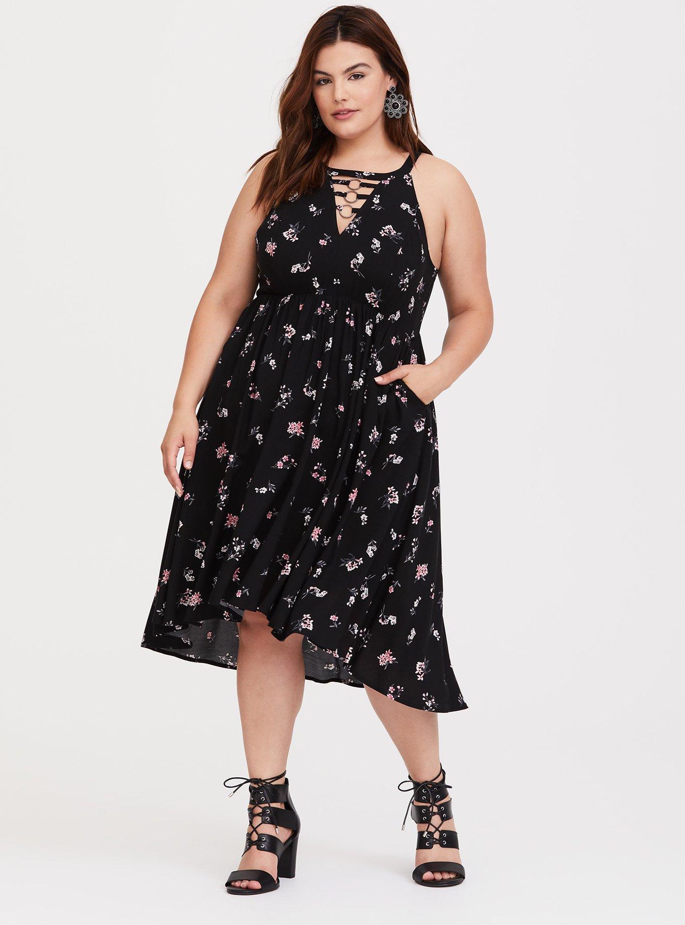 Plus Size Black Floral O-Ring Challis Midi dress, DAINTY DITSY, hi-res