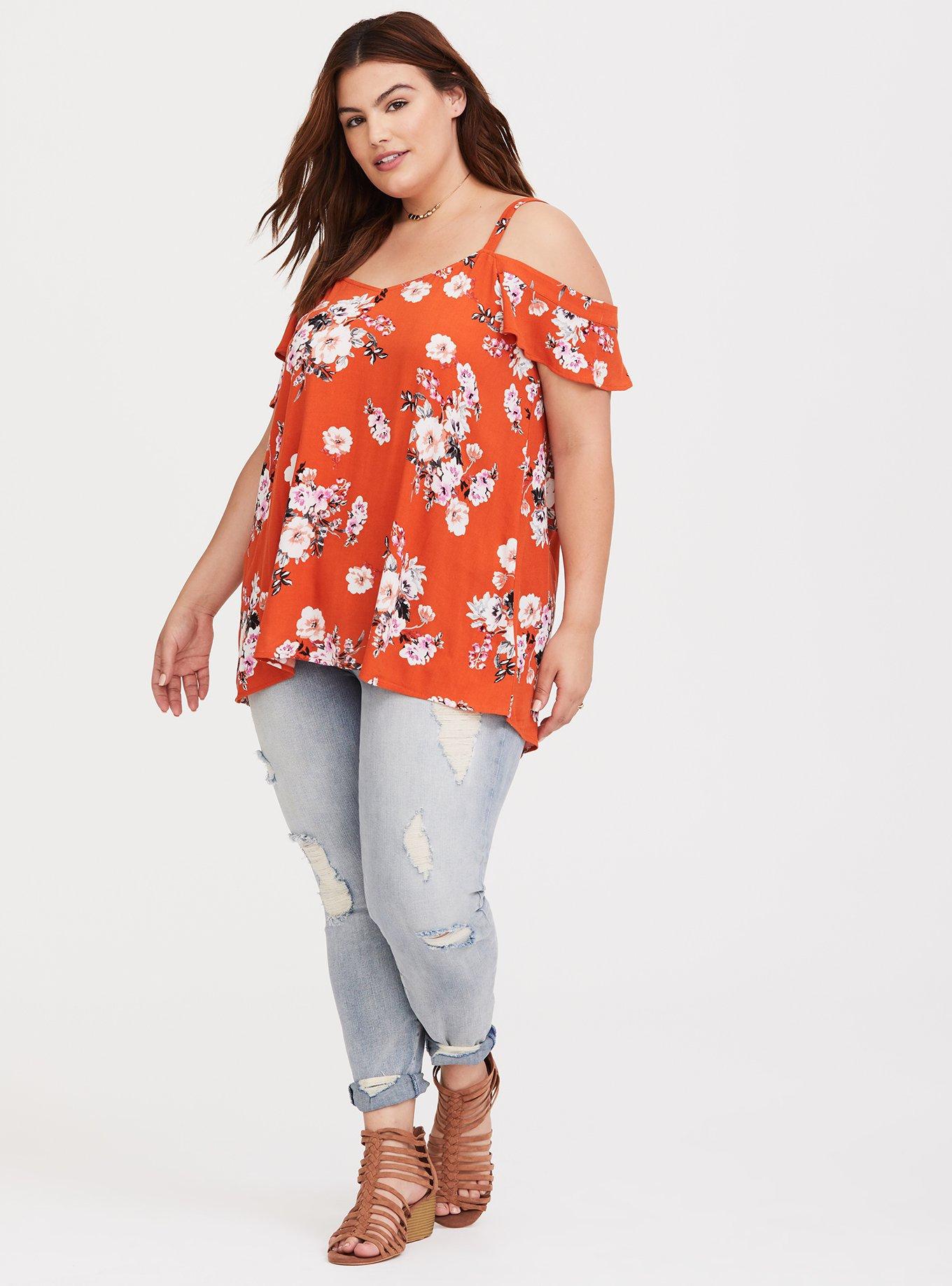 Plus Size Orange Floral Crepe Cold Shoulder Blouse, NONEC, alternate