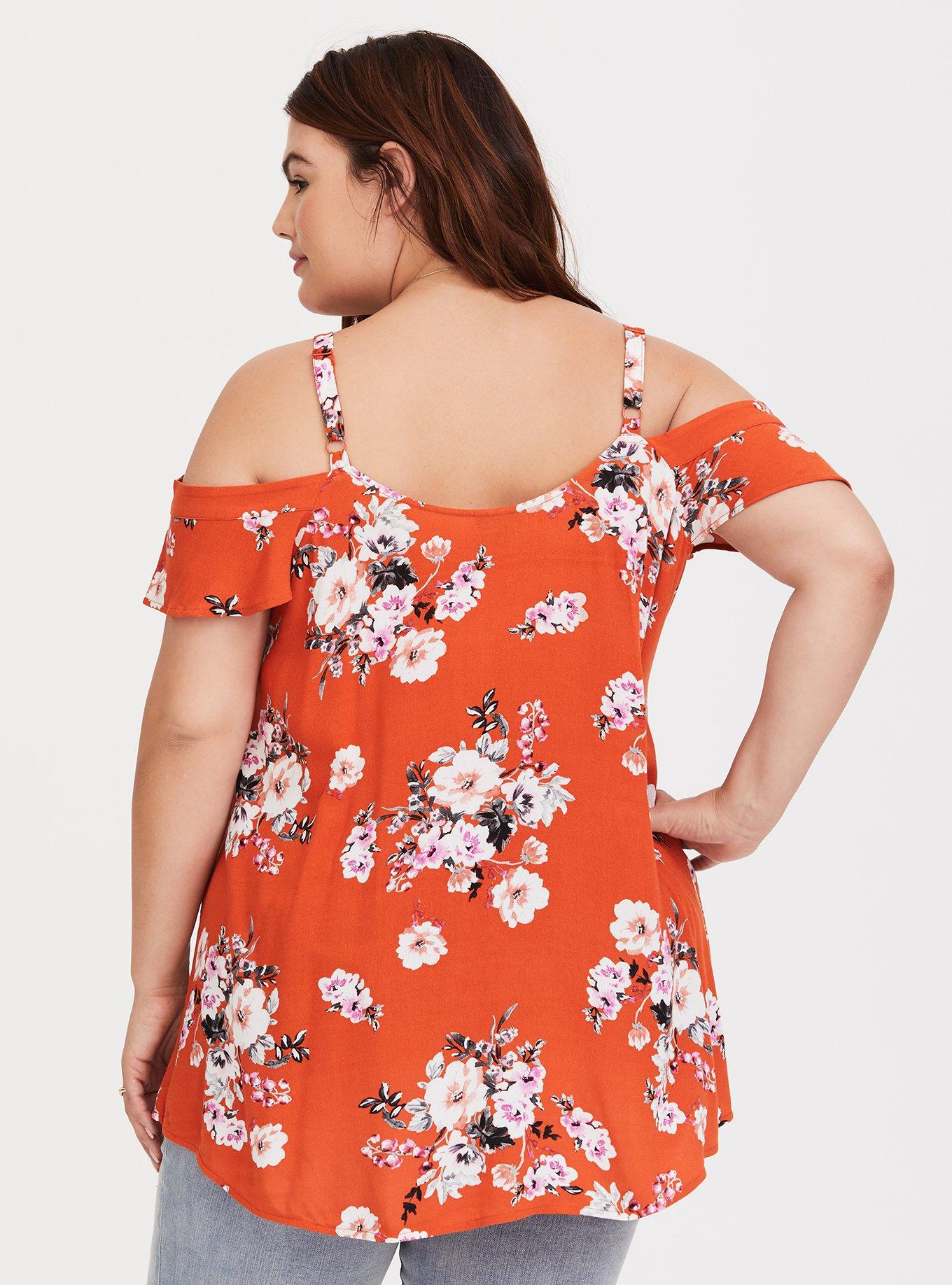 Plus Size Orange Floral Crepe Cold Shoulder Blouse, NONEC, alternate