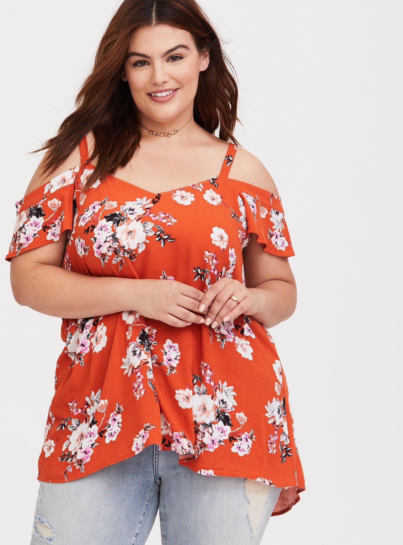 Plus Size Orange Floral Crepe Cold Shoulder Blouse, NONEC, alternate
