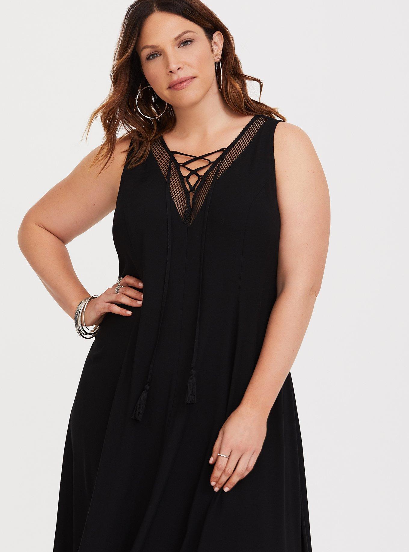 Black Lace-Up Challis Trapeze Maxi Dress, DEEP BLACK, alternate