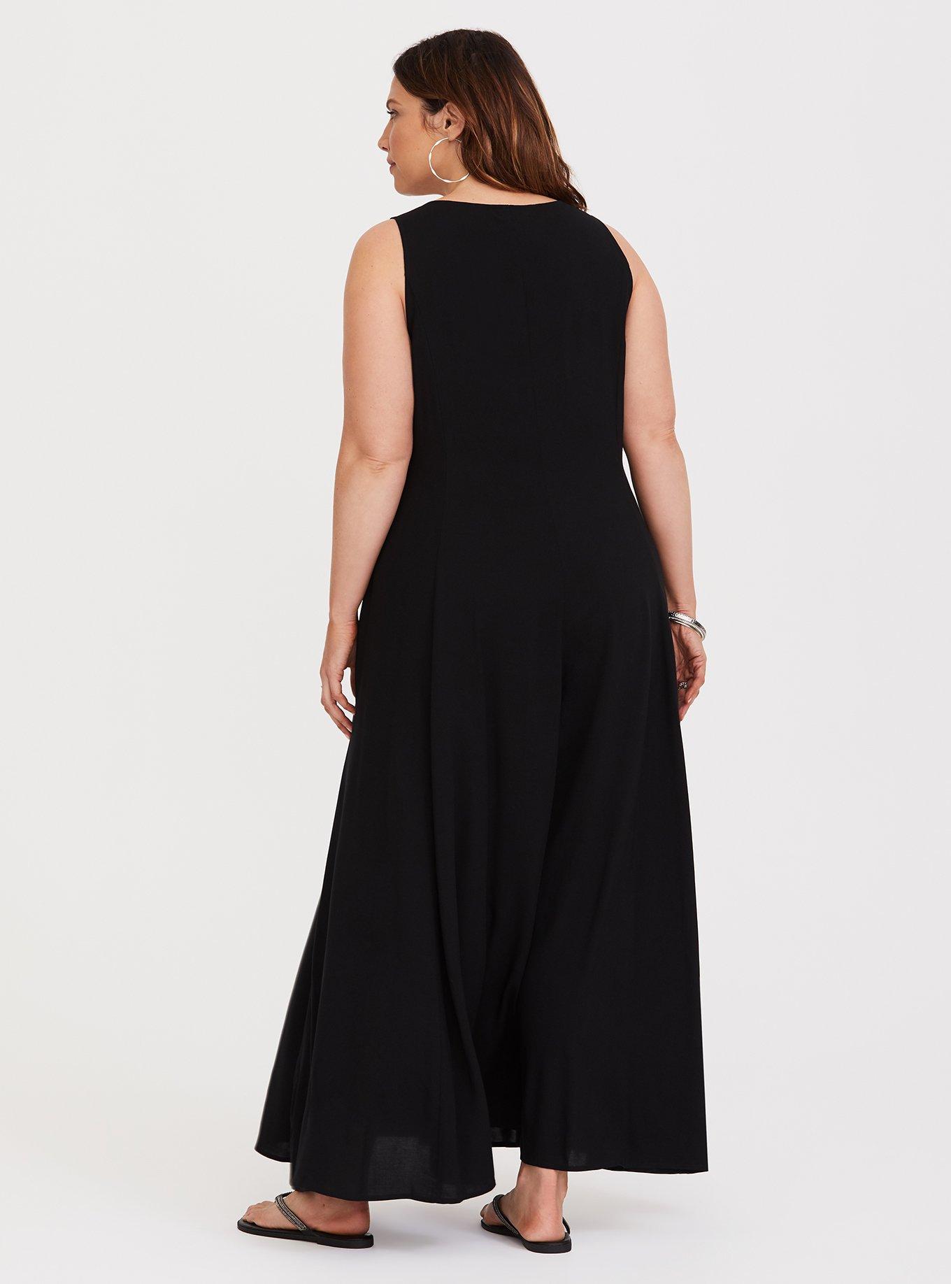 Black Lace-Up Challis Trapeze Maxi Dress, DEEP BLACK, alternate