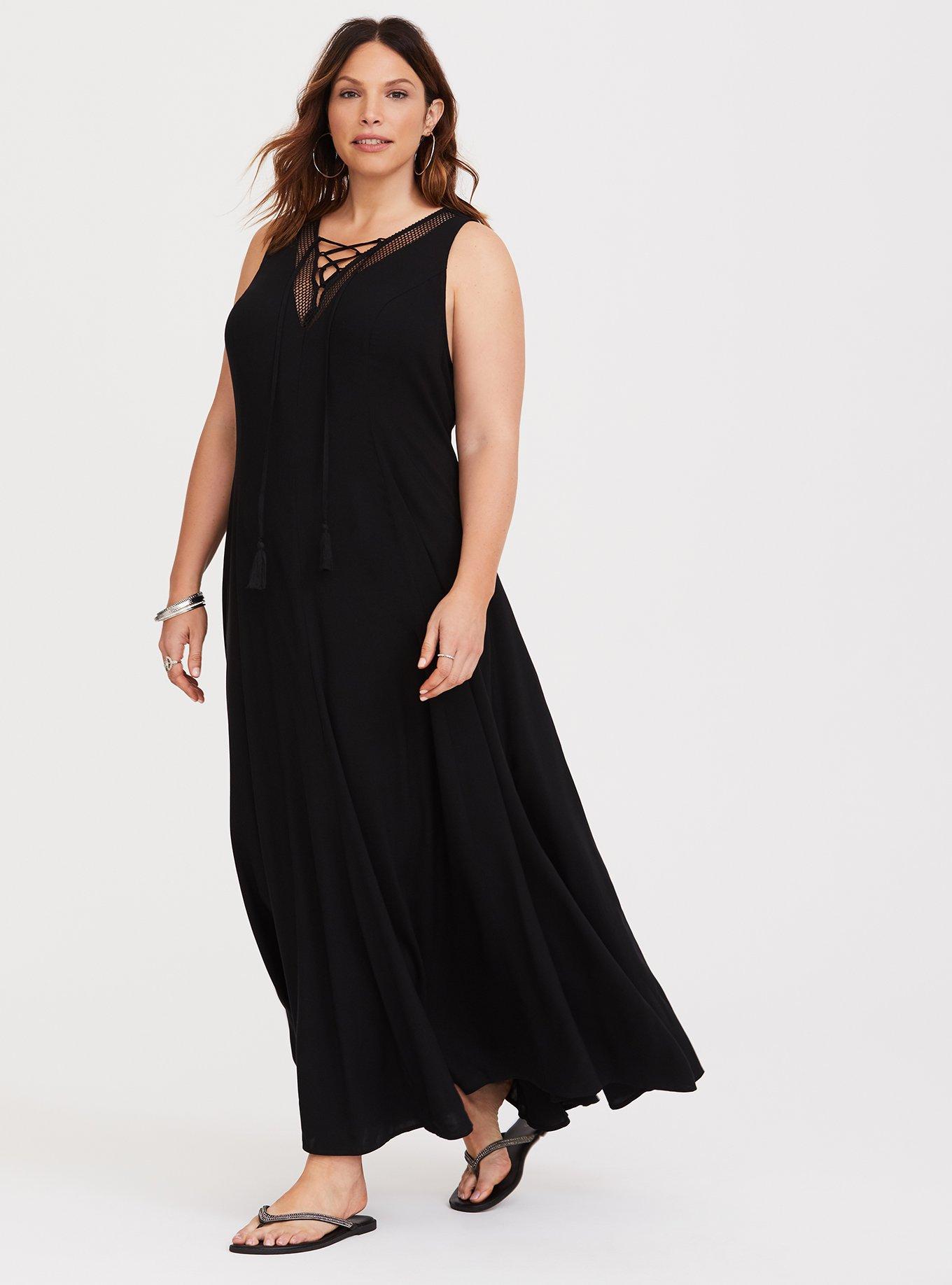 Black Lace-Up Challis Trapeze Maxi Dress, DEEP BLACK, hi-res