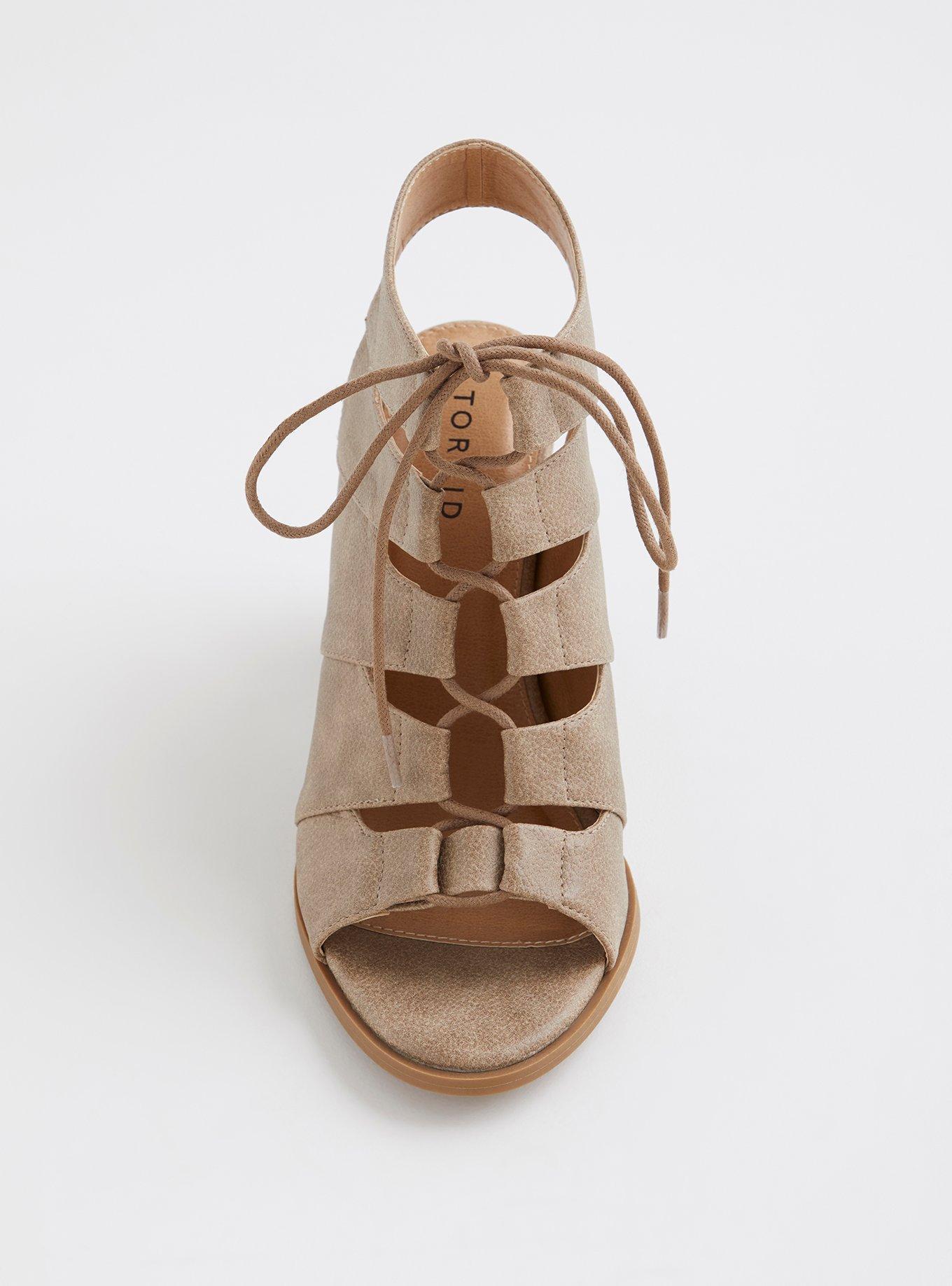 Plus Size Tan Lace-Up Stacked Heel Sandal (Wide Width), TAN BEIGE, alternate