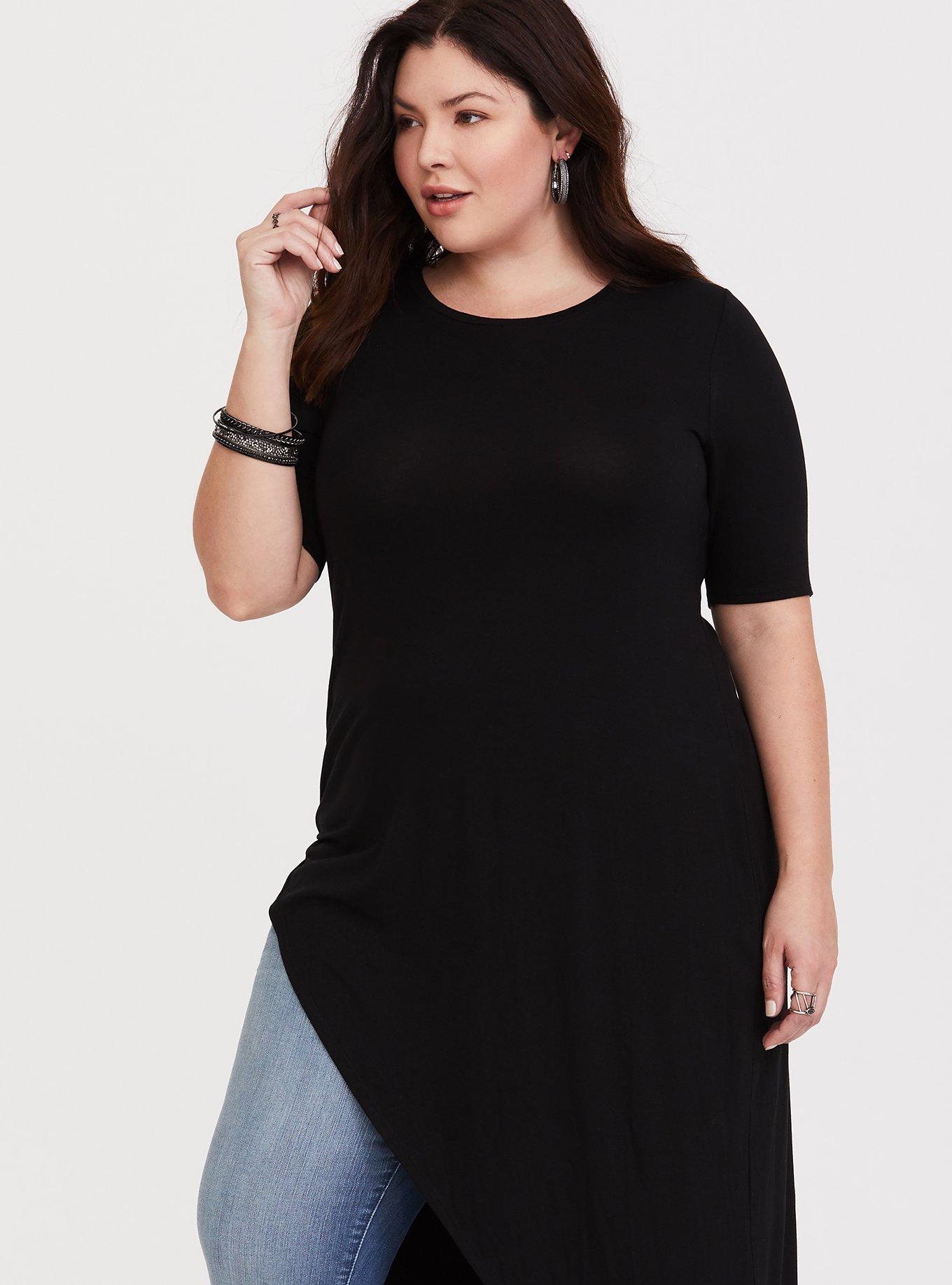 Long Sleeve Knee Length Asymmetrical Plus Size Tunic Top-Navy-3X