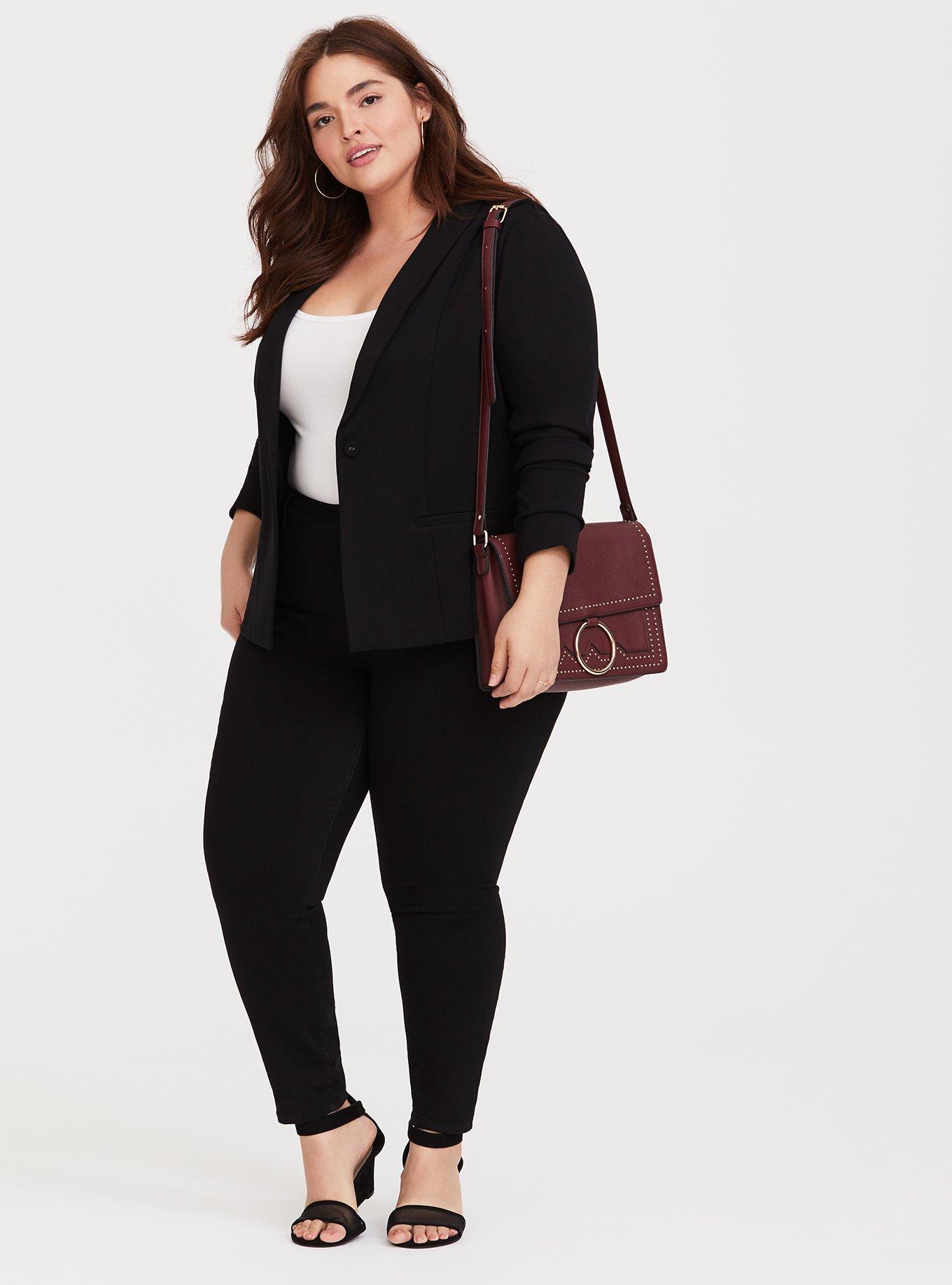 Plus Size Black Modern Ponte Blazer, DEEP BLACK, alternate