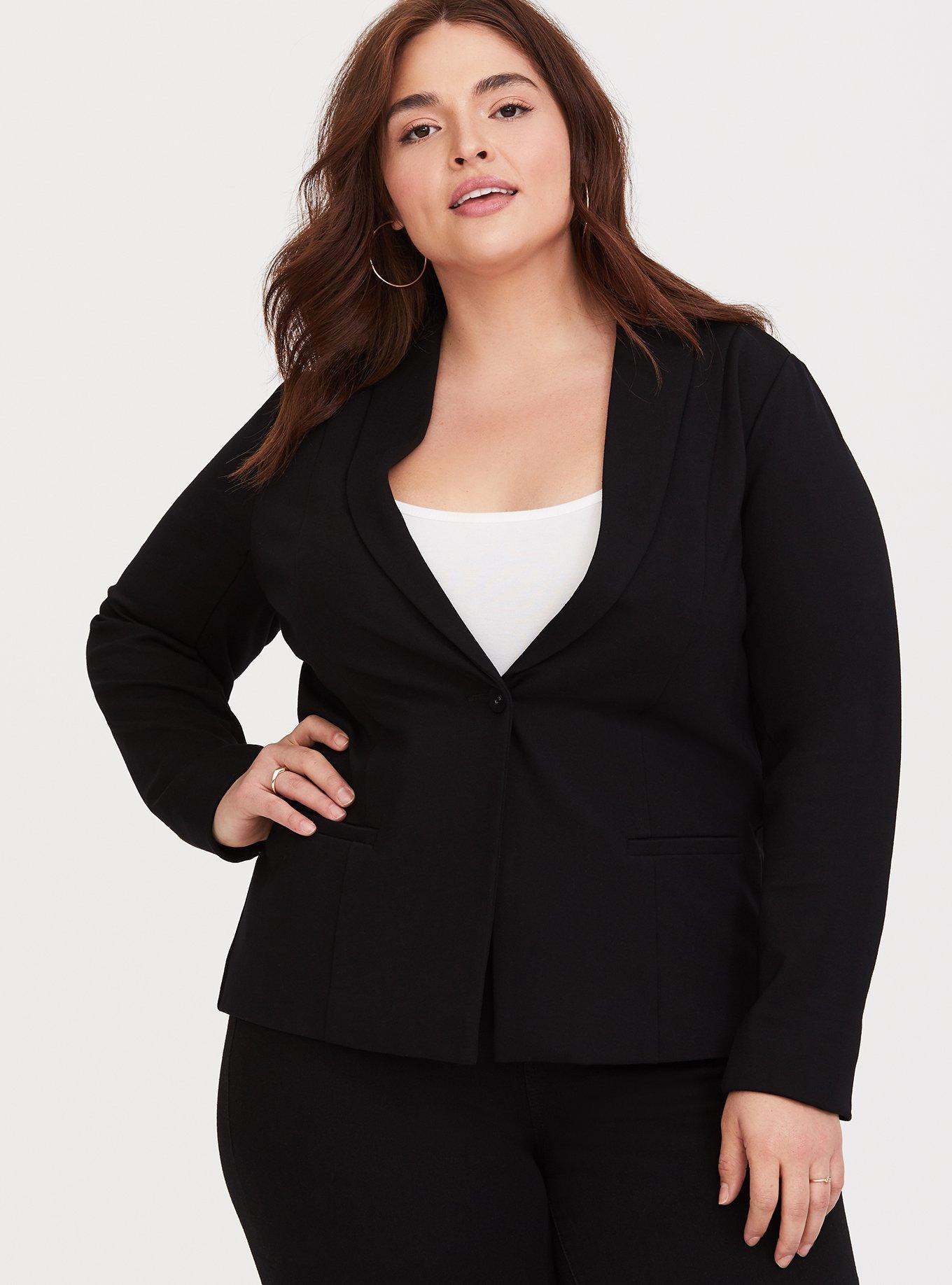 Plus Size Black Modern Ponte Blazer, DEEP BLACK, hi-res