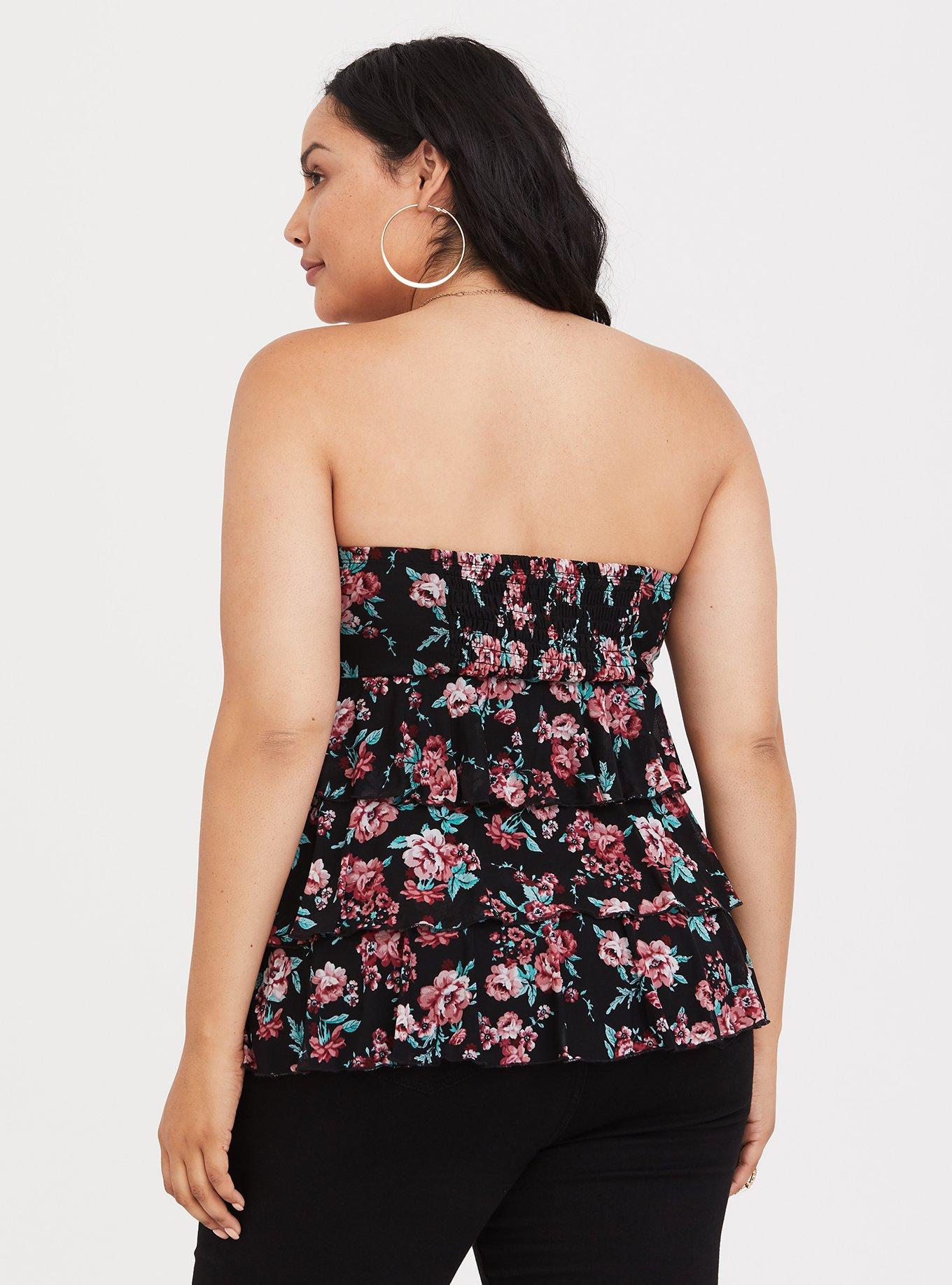 Plus Size Floral Mesh Ruffle Tube Top, MULTI FLORAL, alternate