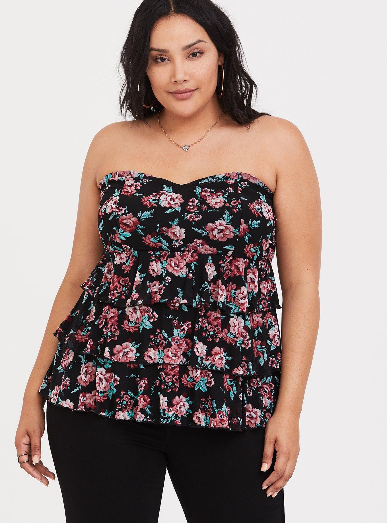 Plus Size Floral Mesh Ruffle Tube Top, MULTI FLORAL, hi-res