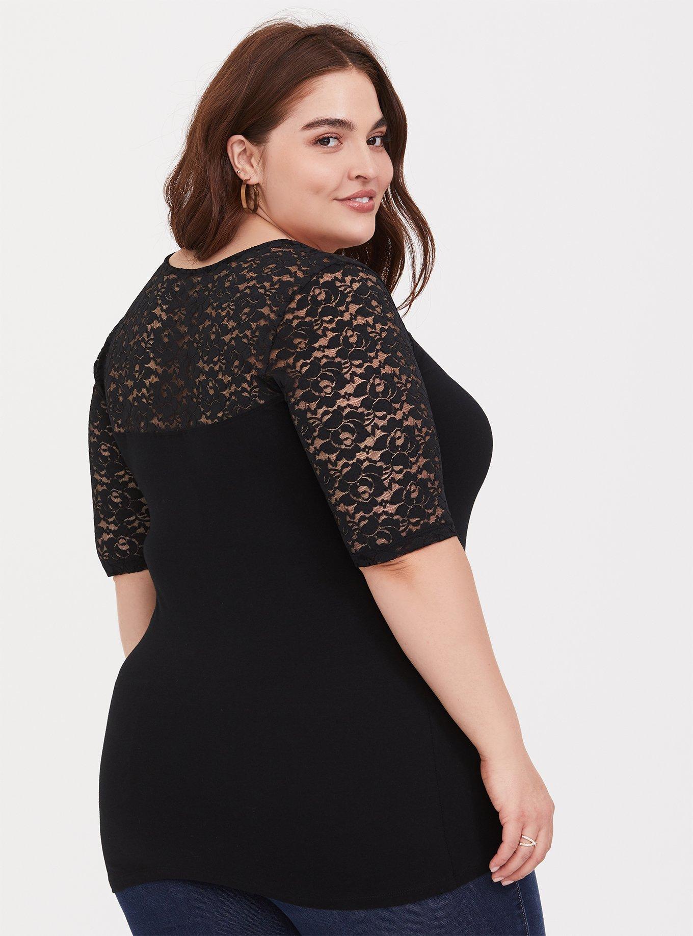 Plus Size Foxy Sweetheart Neckline Lace Sleeve Tee, DEEP BLACK, alternate