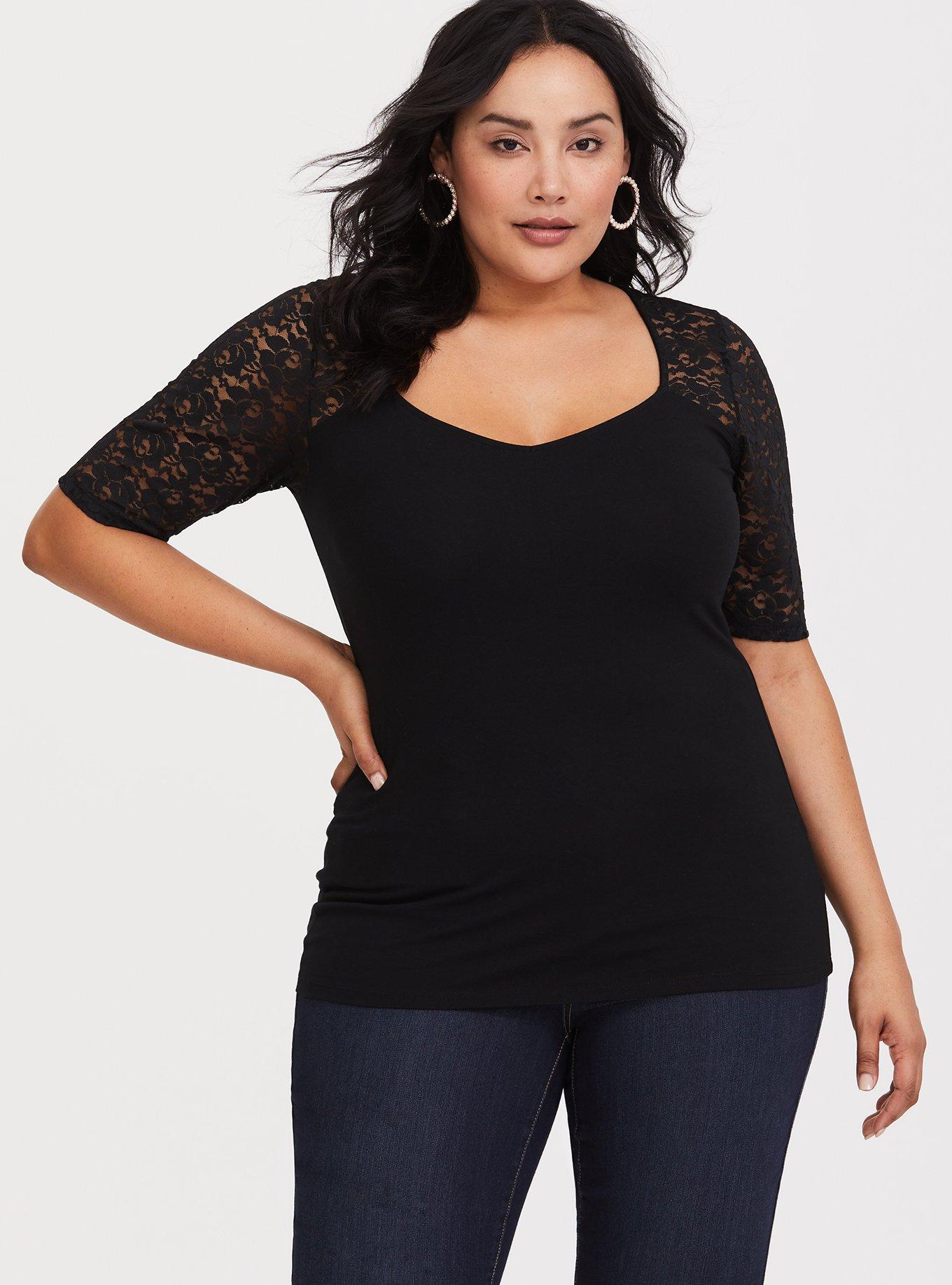 Plus Size Foxy Sweetheart Neckline Lace Sleeve Tee, DEEP BLACK, alternate