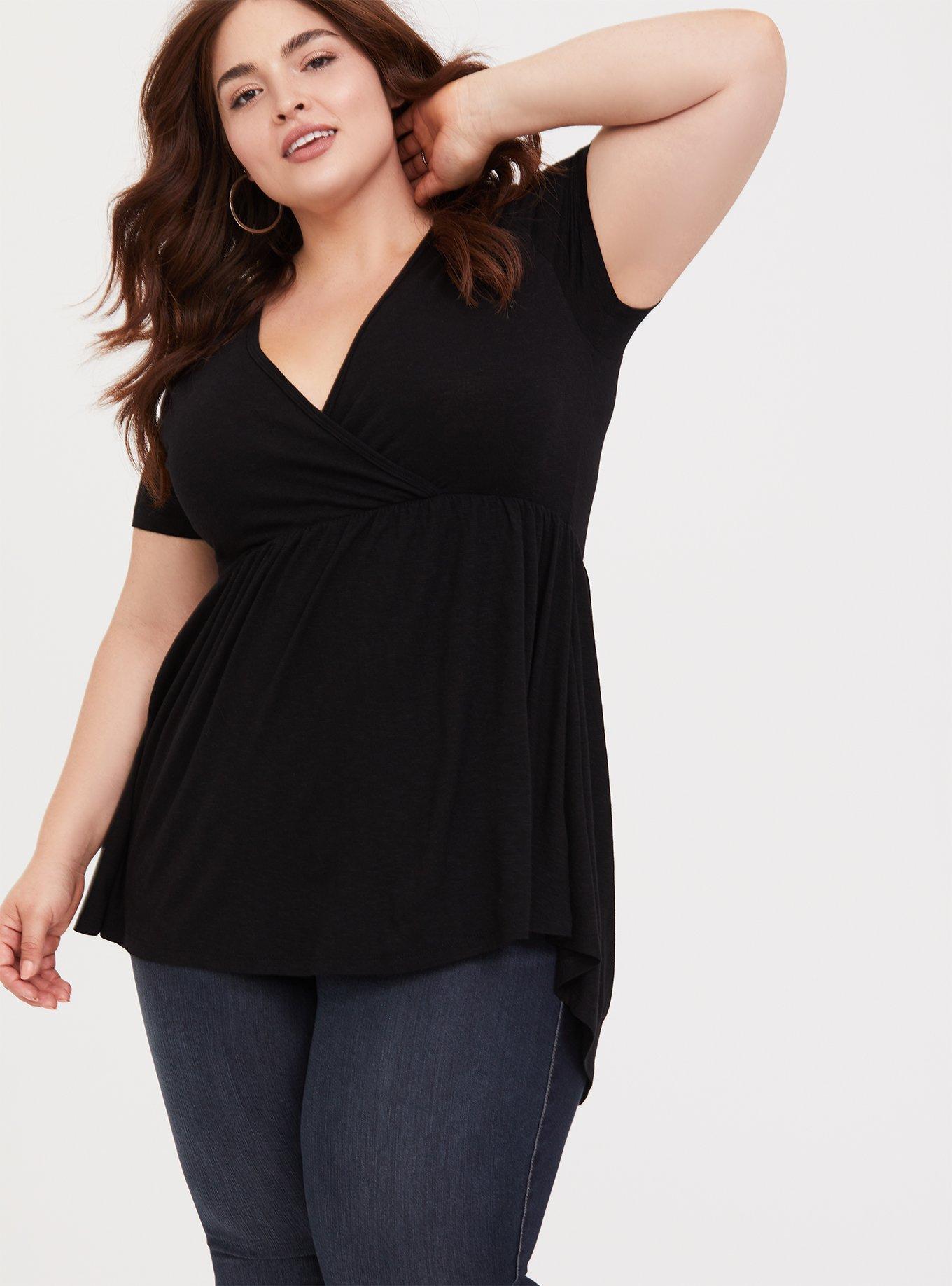 Plus Size Black Surplice Babydoll Tee, DEEP BLACK, alternate