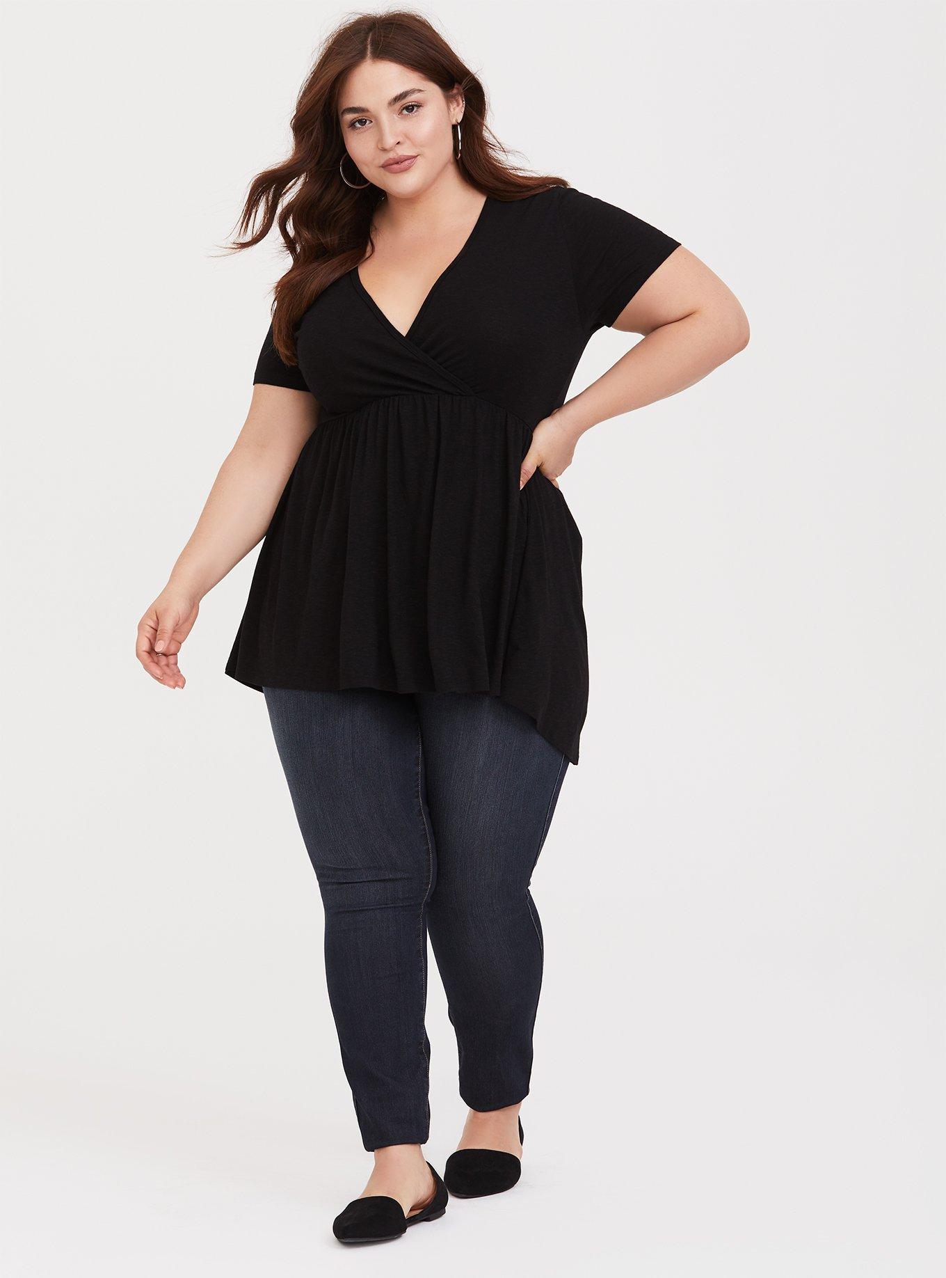 Plus Size Black Surplice Babydoll Tee, DEEP BLACK, alternate