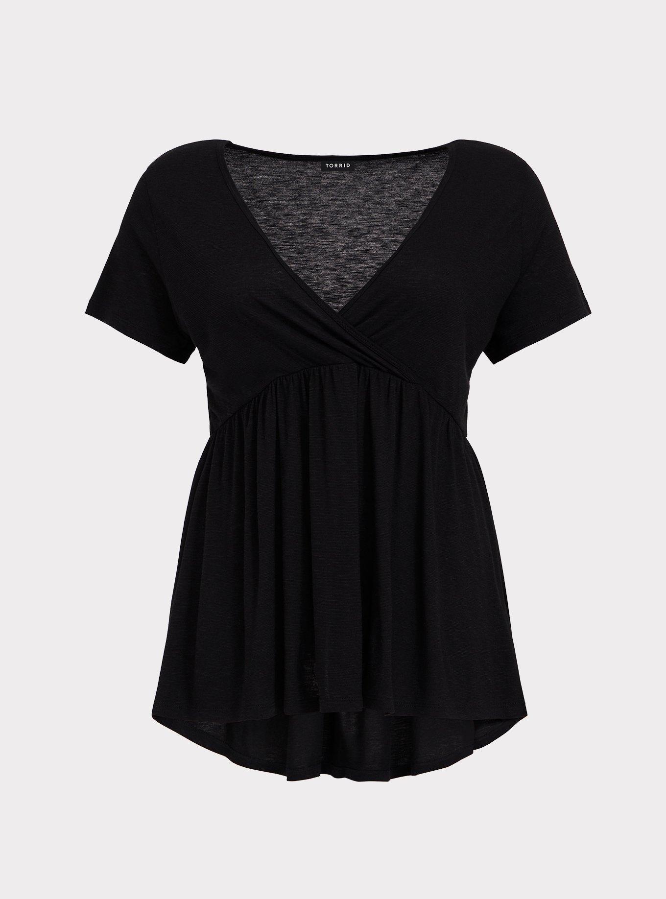 Plus Size Black Surplice Babydoll Tee, DEEP BLACK, hi-res