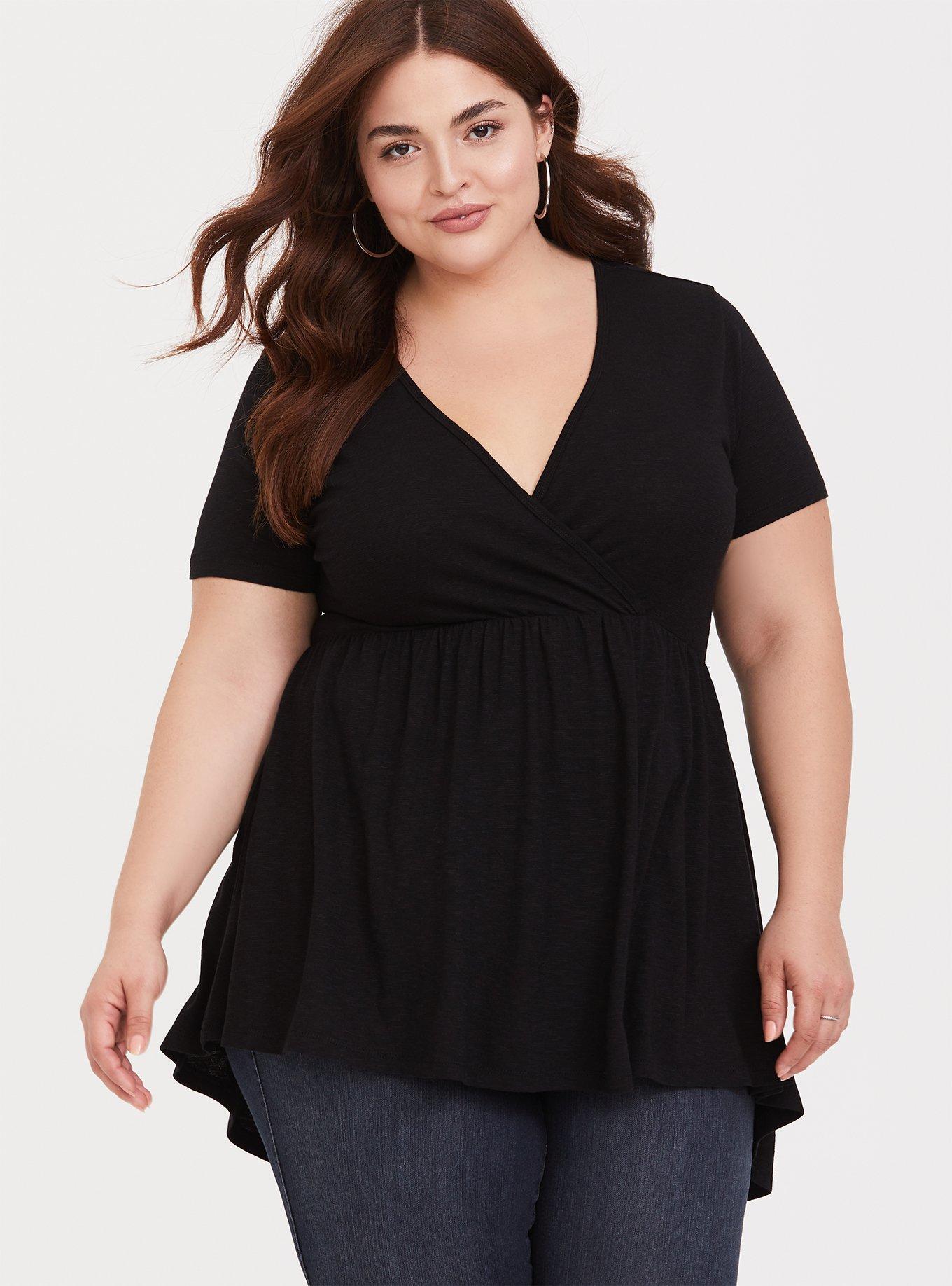 Plus Size Black Surplice Babydoll Tee, DEEP BLACK, hi-res