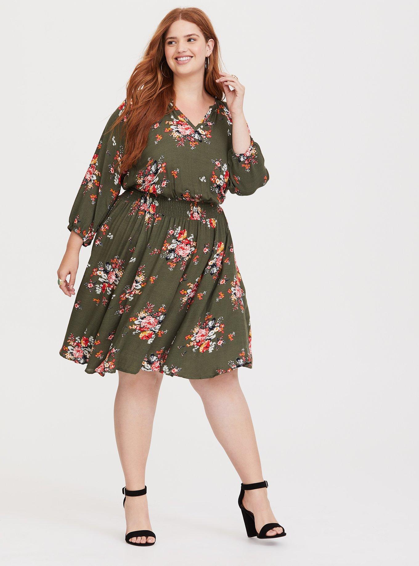 Olive Floral Smocked Skater Dress, EXPLODING BOUQUET, hi-res