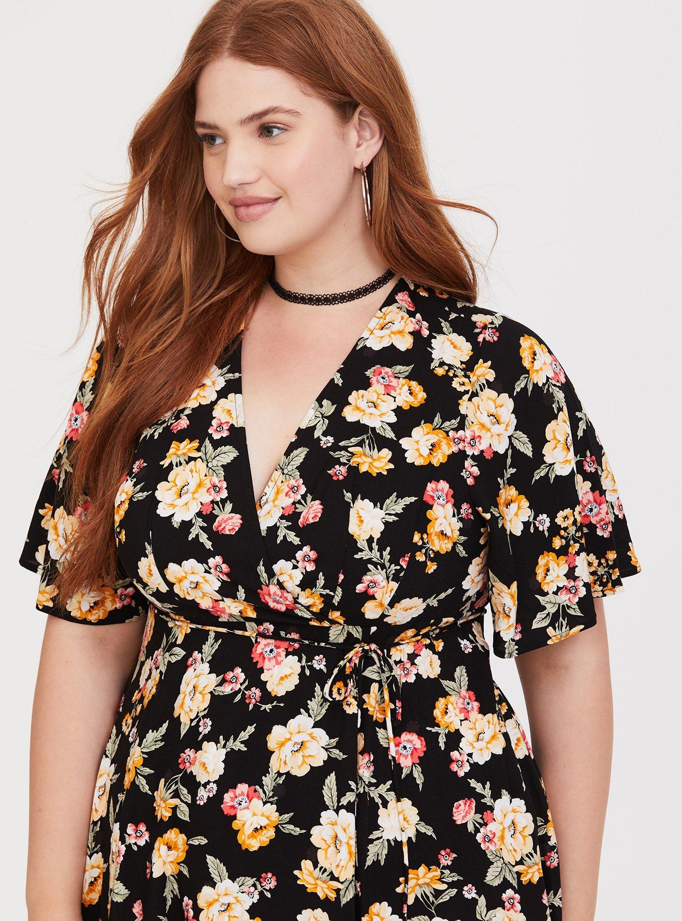 Black Floral Challis Midi Dress, FLORAL VINES, alternate