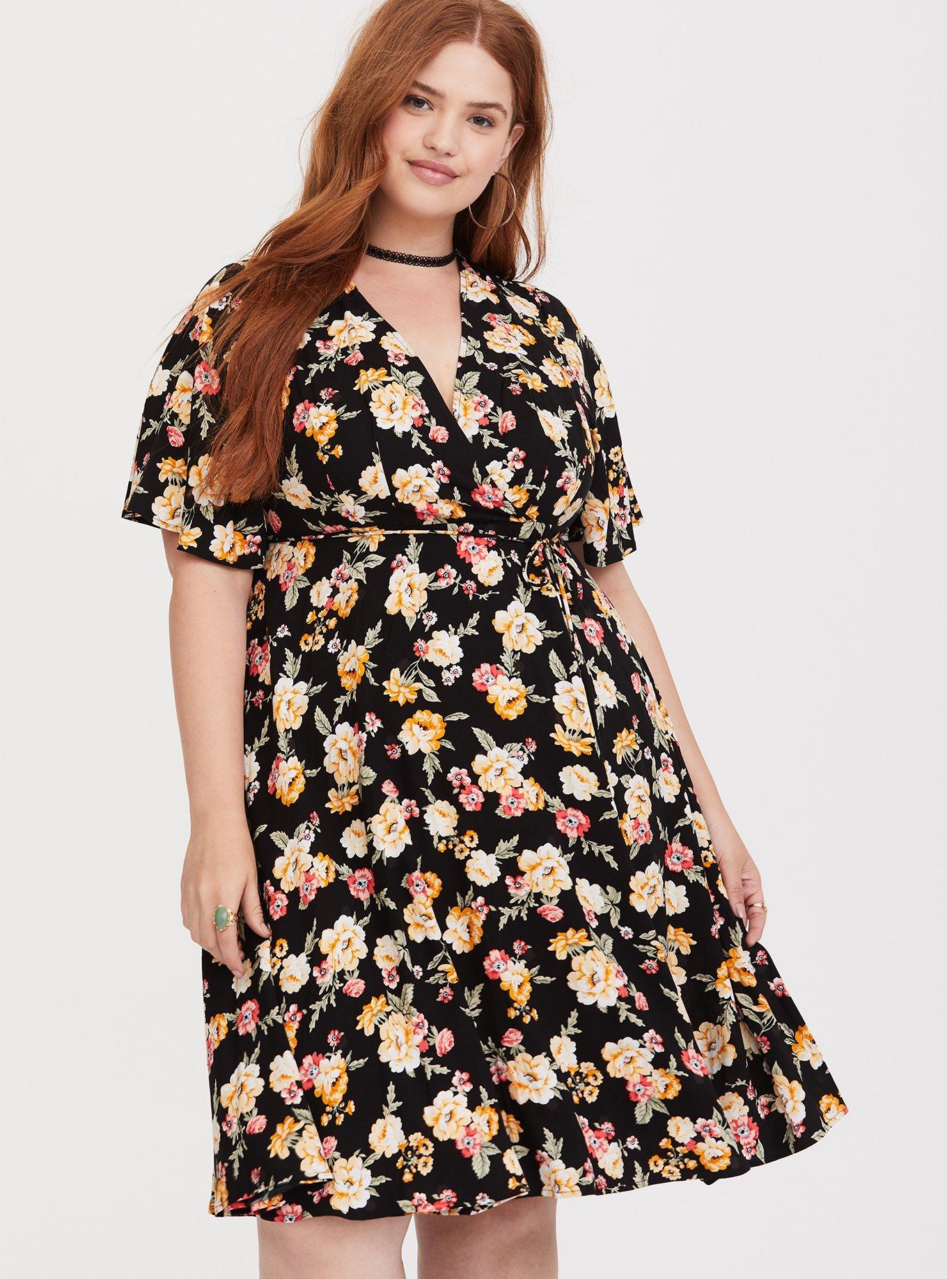 Black Floral Challis Midi Dress, FLORAL VINES, alternate