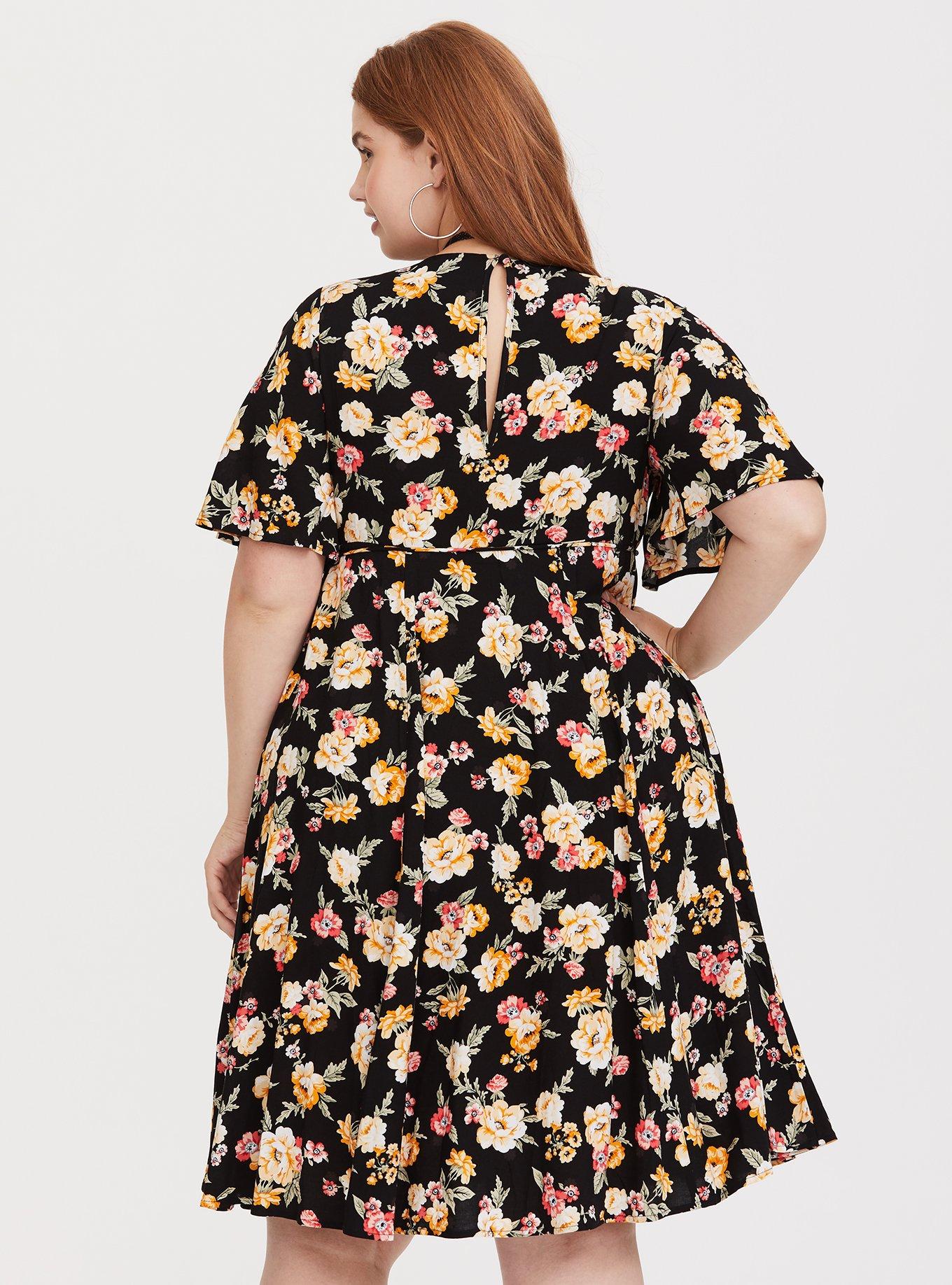 Black Floral Challis Midi Dress, FLORAL VINES, alternate