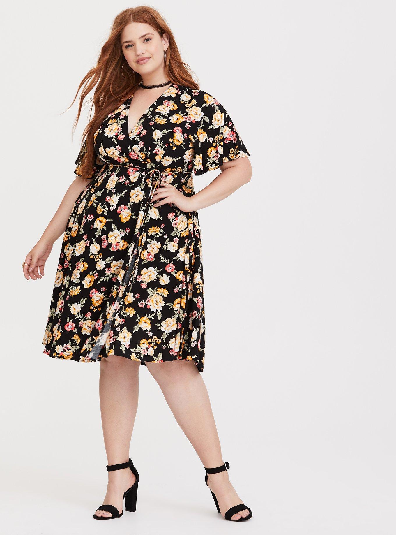 Black Floral Challis Midi Dress, FLORAL VINES, hi-res