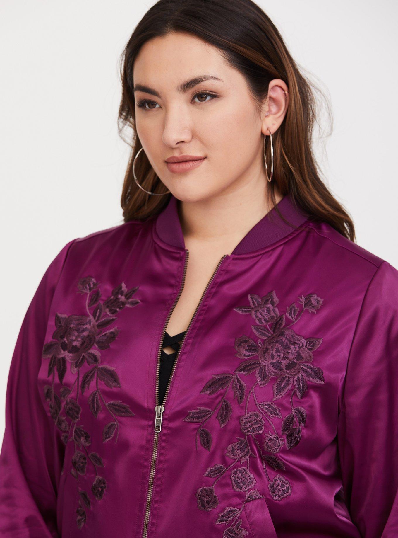 Plus Size - Purple Satin Embroidered Bomber Jacket - Torrid