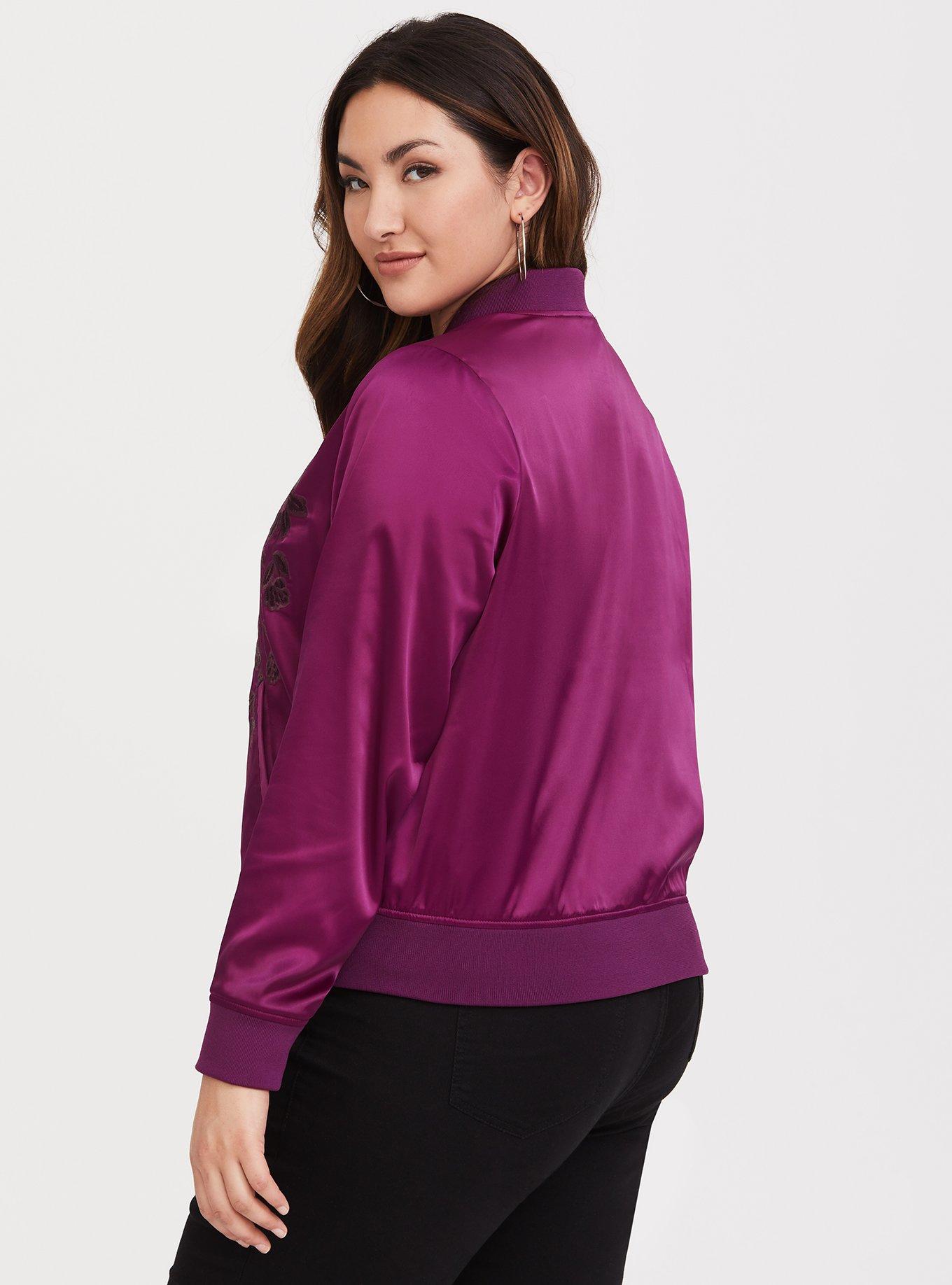 Plus Size - Purple Satin Embroidered Bomber Jacket - Torrid