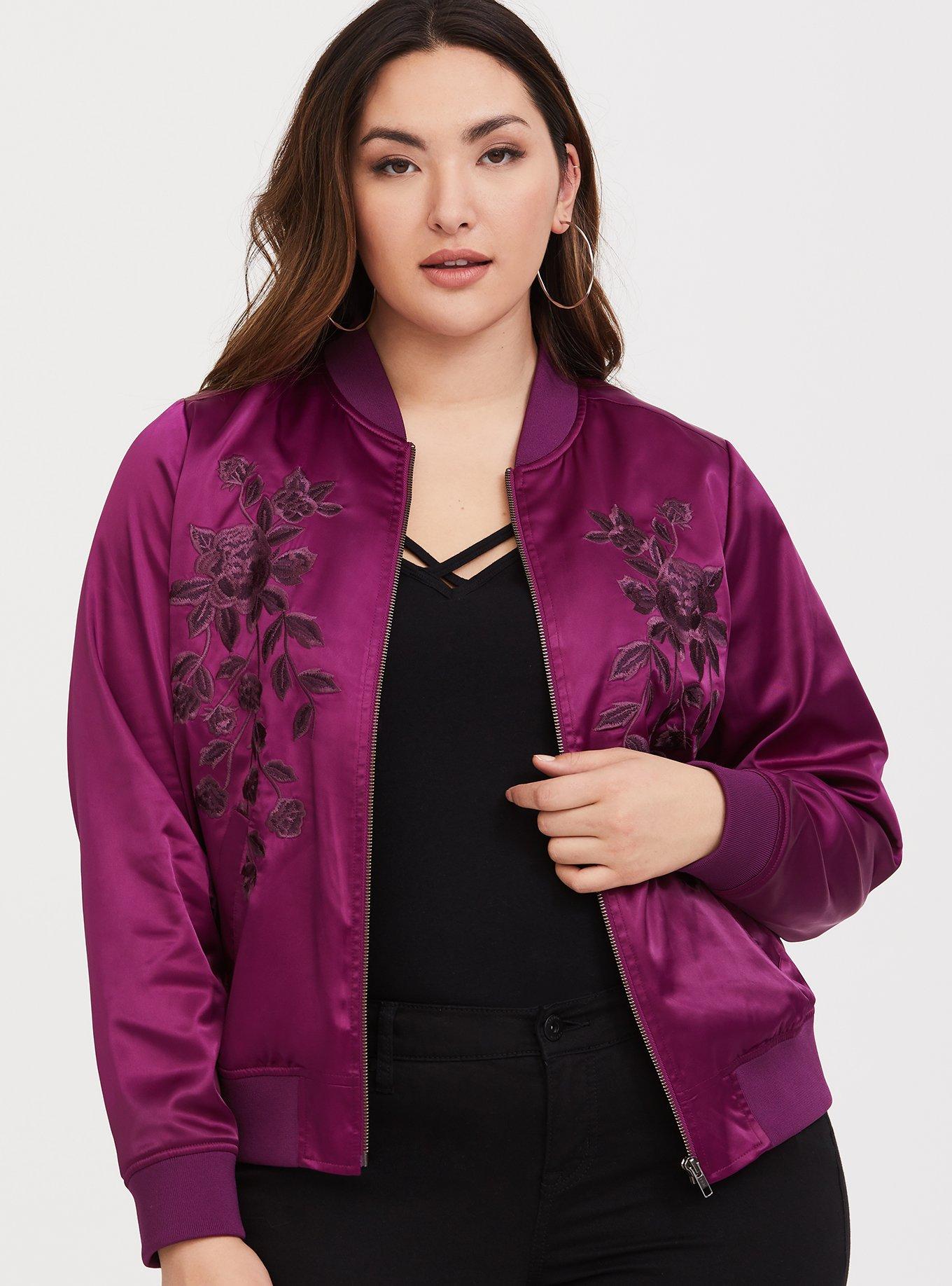 Plus Size - Purple Satin Embroidered Bomber Jacket - Torrid