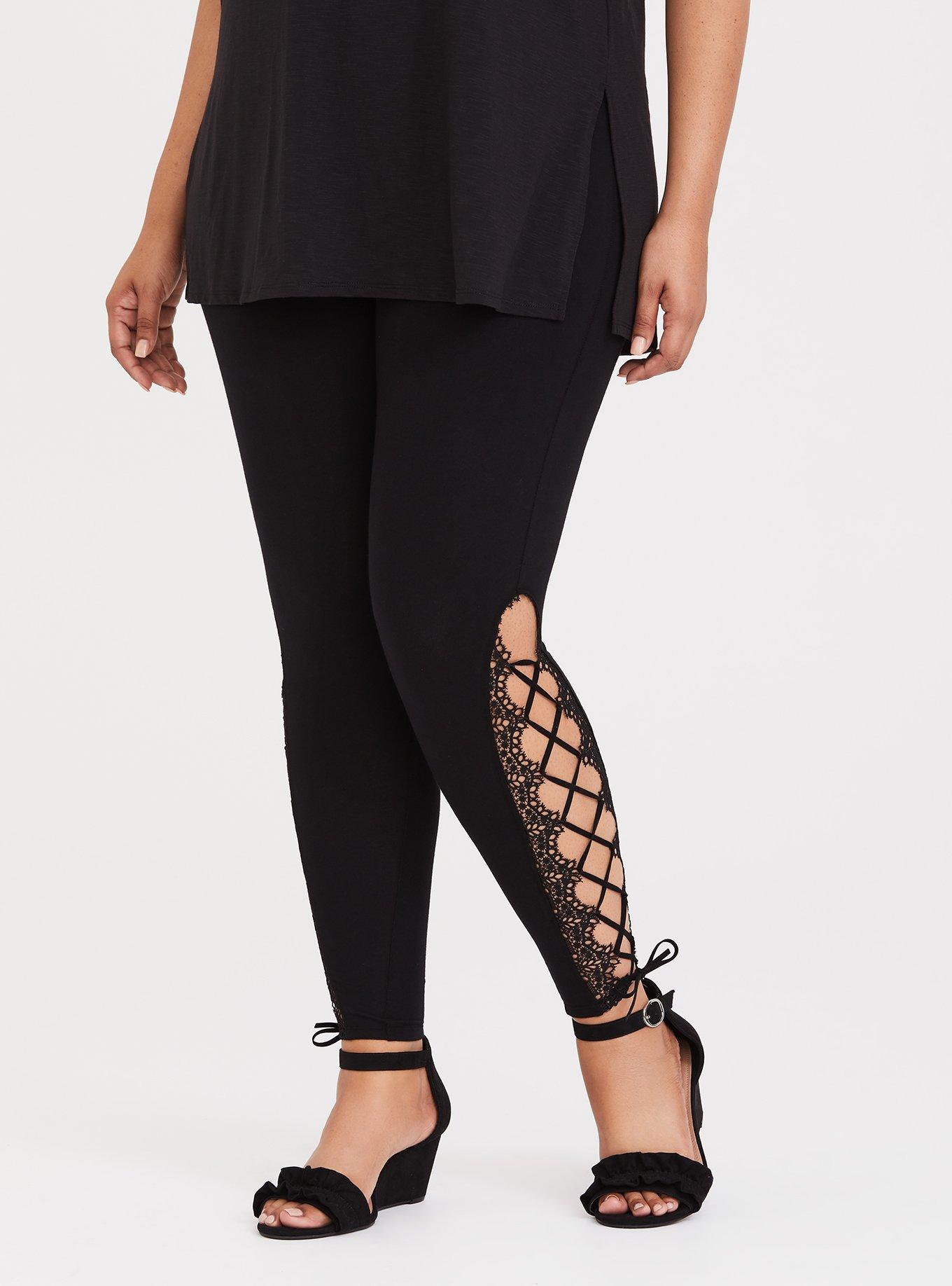 Plus Size Black Crochet Lace-Up Legging, BLACK, alternate