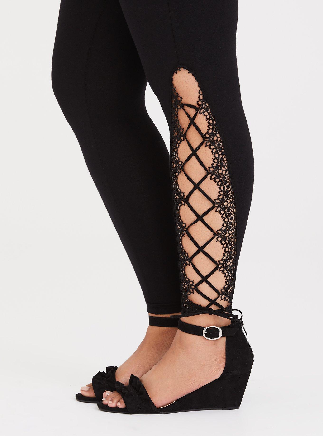 Plus Size Black Crochet Lace-Up Legging, BLACK, alternate