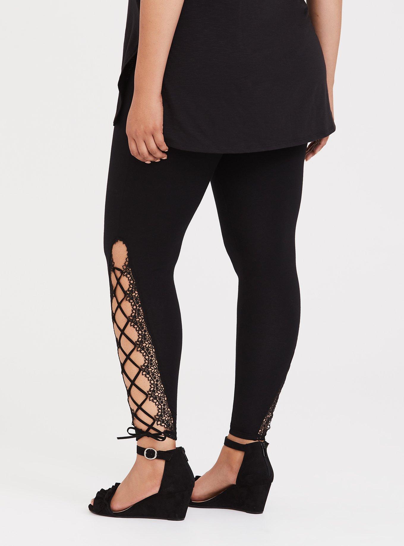 Plus Size Black Crochet Lace-Up Legging, BLACK, alternate