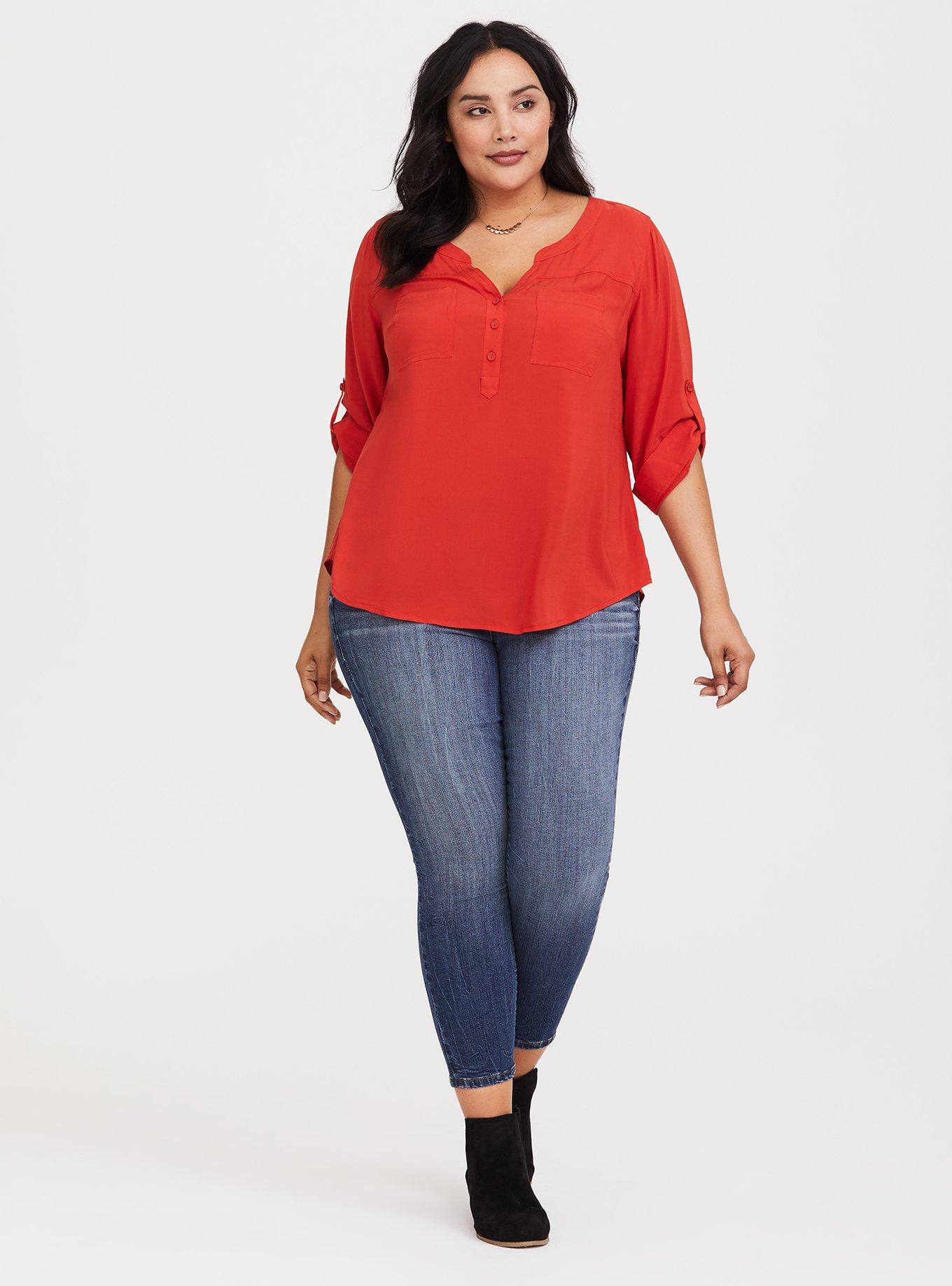 Plus Size Harper - Orange Challis Pullover Blouse, RED, alternate