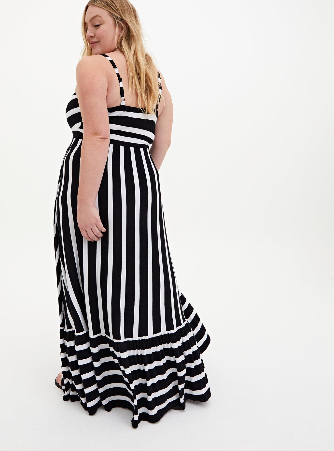 Plus Size Maxi Super Soft Tiered Dress, BLACK WHITE STRIPE, alternate