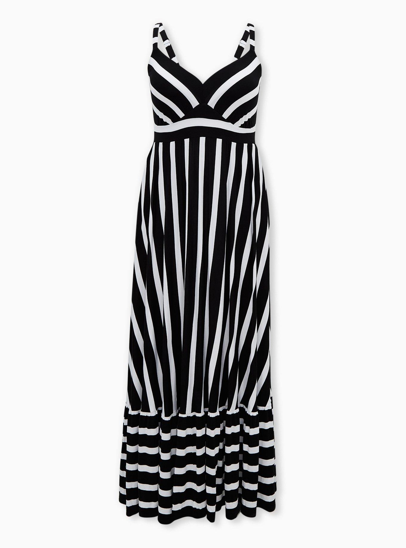 Plus Size Maxi Super Soft Tiered Dress, BLACK WHITE STRIPE, hi-res