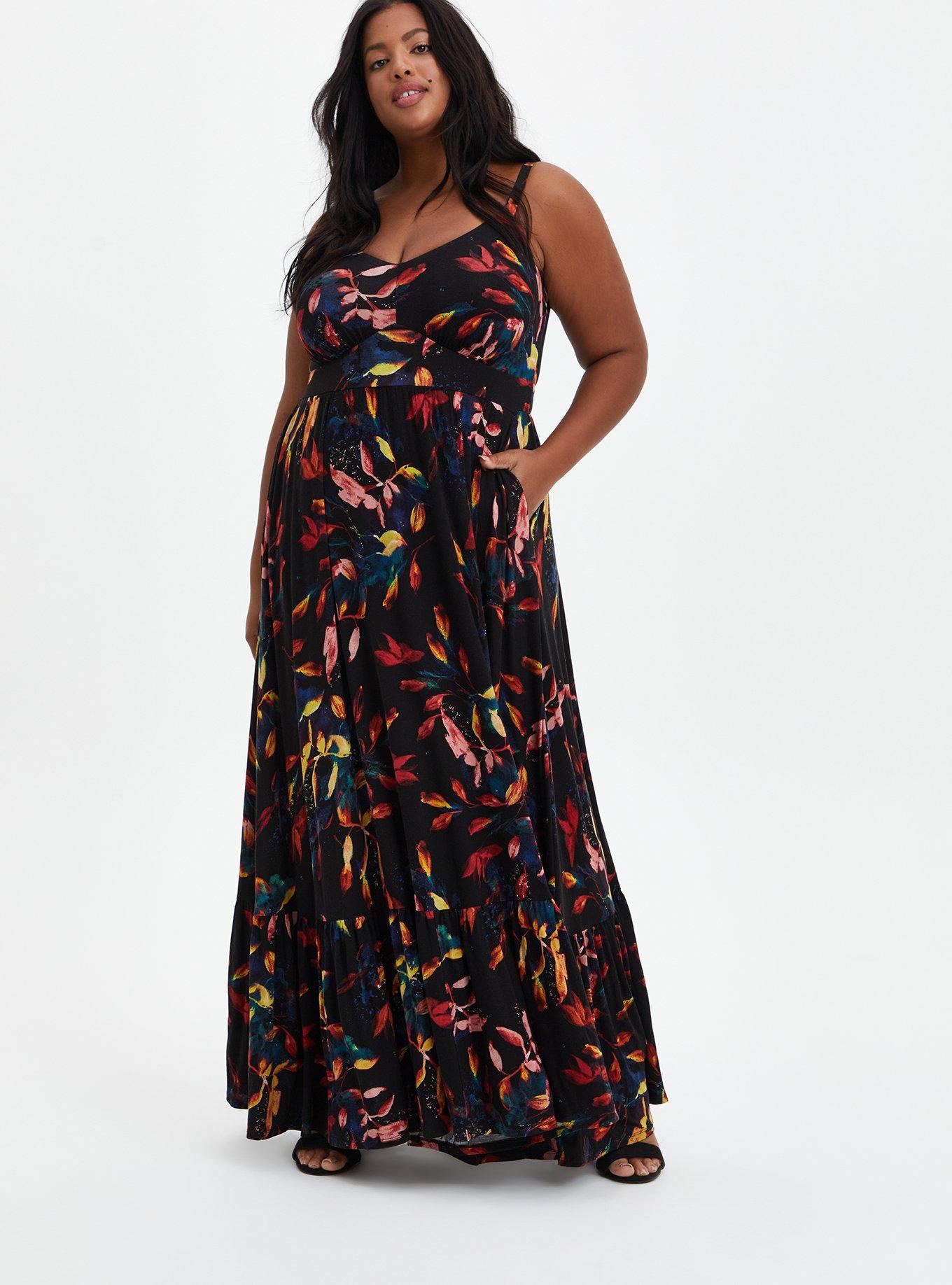 Plus Size Maxi Super Soft Tiered Dress, BLACK FLORAL PRINT, hi-res