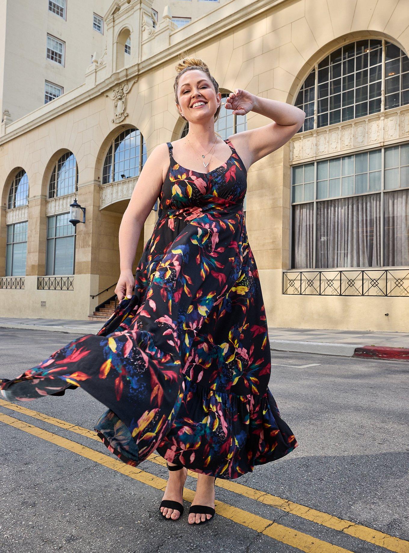 Plus Size Maxi Super Soft Tiered Dress, BLACK FLORAL PRINT, hi-res