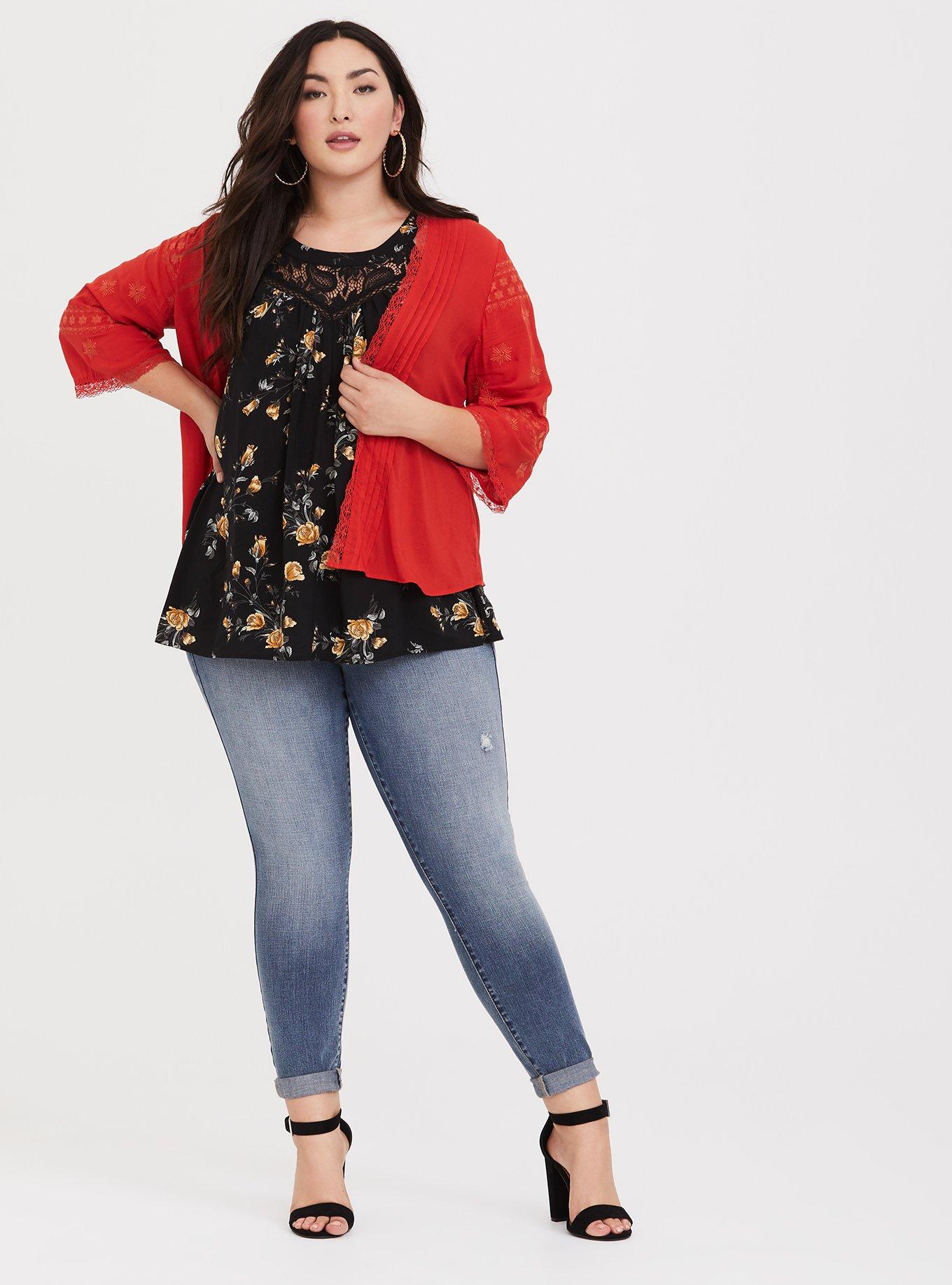 Challis Lace Trim Goddess Neck Tank, BLACK FLORAL, alternate